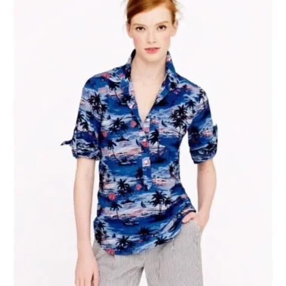 J.Crew Hawaii Beach Popover Shirt 1/2 Button Long Roll-Tap Sleeve Blue Women 6