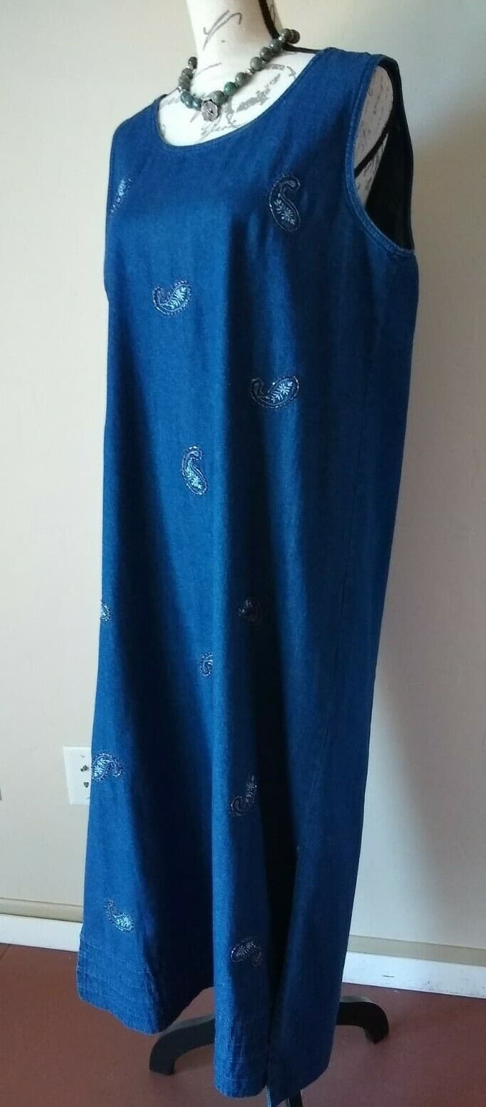JANE ASHLEY Maxi Denim Blue Tunic Dress Embellished Sleeveless Sz.L - Thumbnail 3