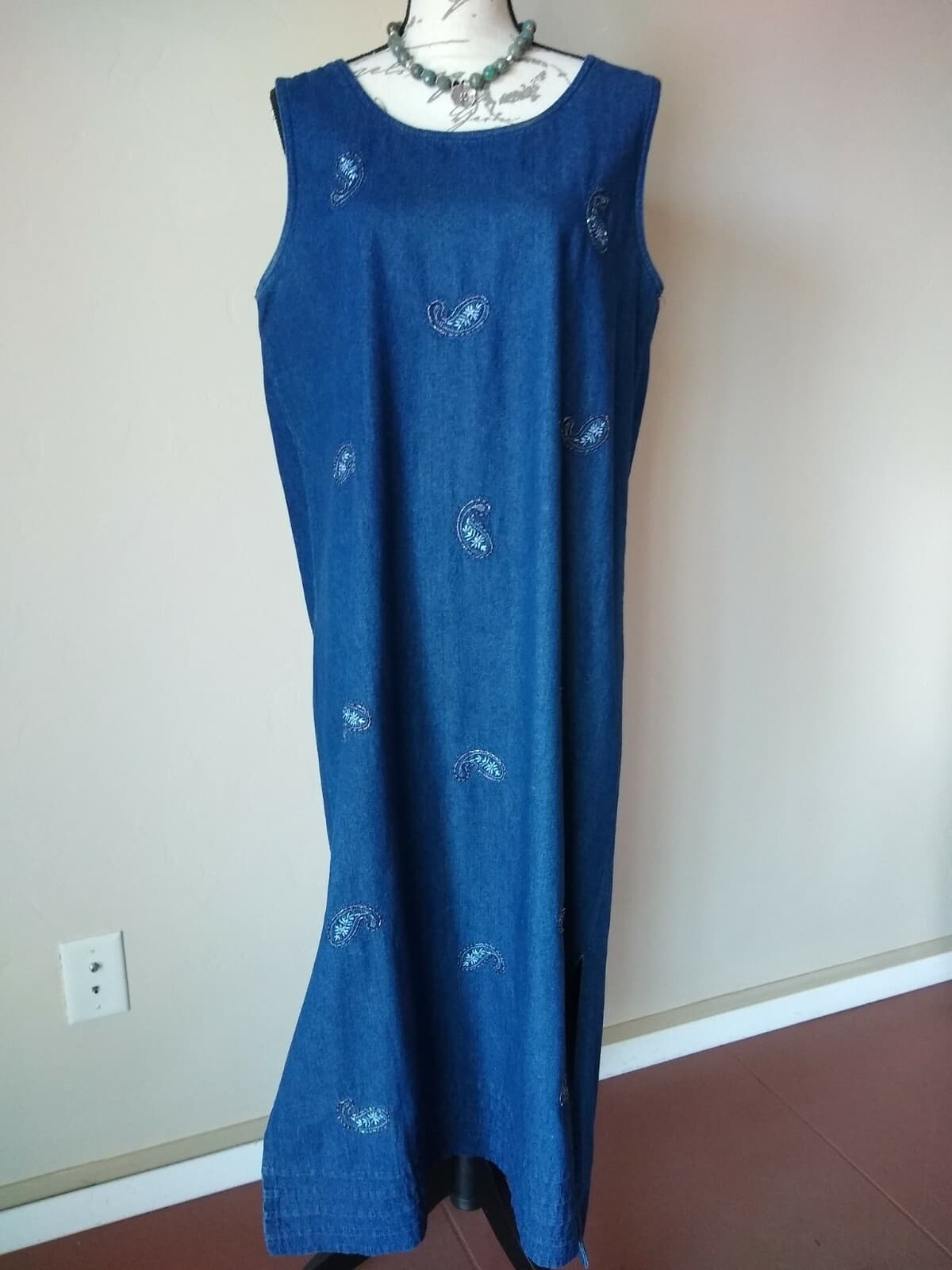 JANE ASHLEY Maxi Denim Blue Tunic Dress Embellished Sleeveless Sz.L - Thumbnail 2