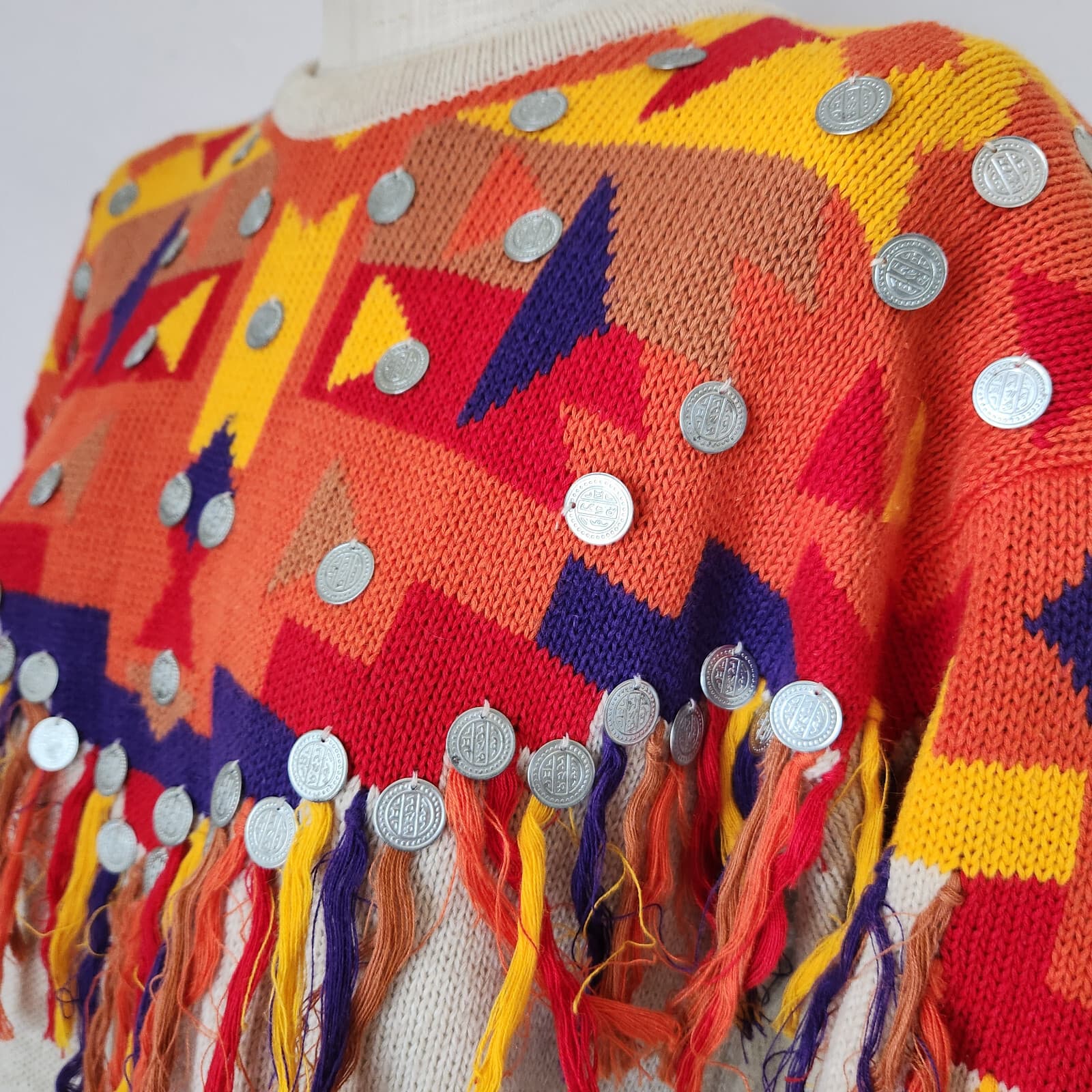 Vintage IB Diffusion Aztec Embellished Fringe Sweater Short Sleeve Bust 40" M/L - Thumbnail 4