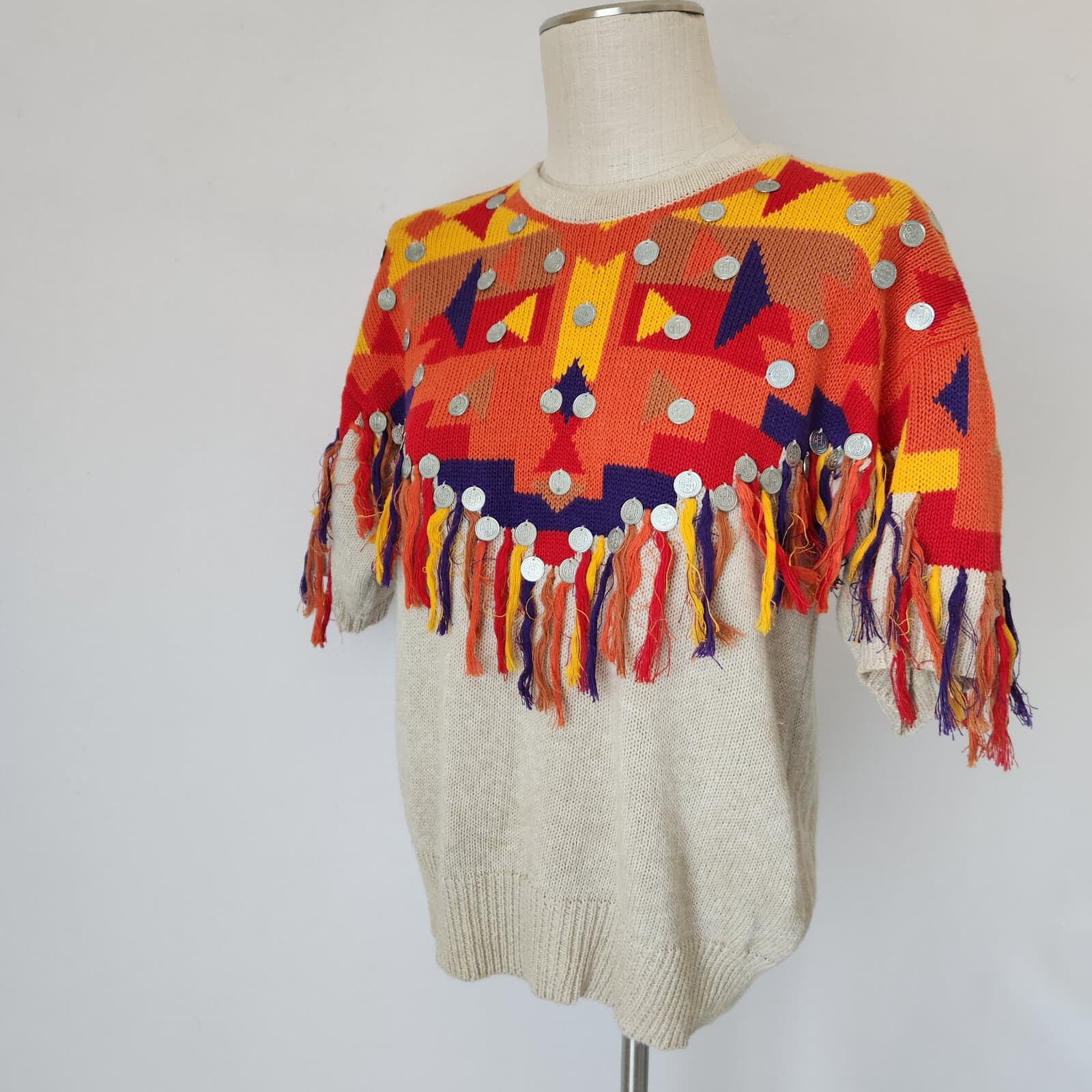 Vintage IB Diffusion Aztec Embellished Fringe Sweater Short Sleeve Bust 40" M/L - Thumbnail 2