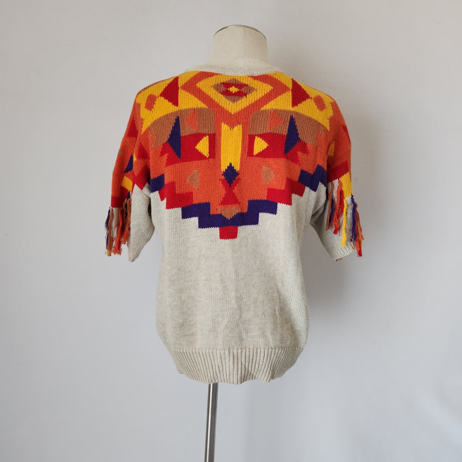 Vintage IB Diffusion Aztec Embellished Fringe Sweater Short Sleeve Bust 40" M/L - Thumbnail 5