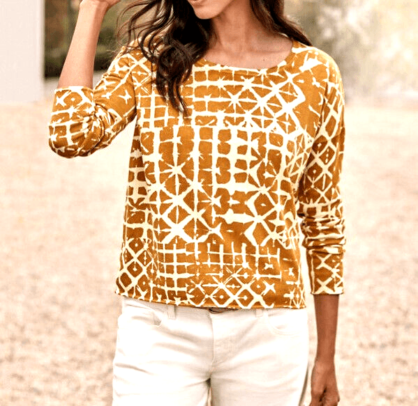 Garnet Hill Silk Cotton Batik Boxy Oversize Sweater Scoop Neck Brown Cream Sz.M - Thumbnail 2
