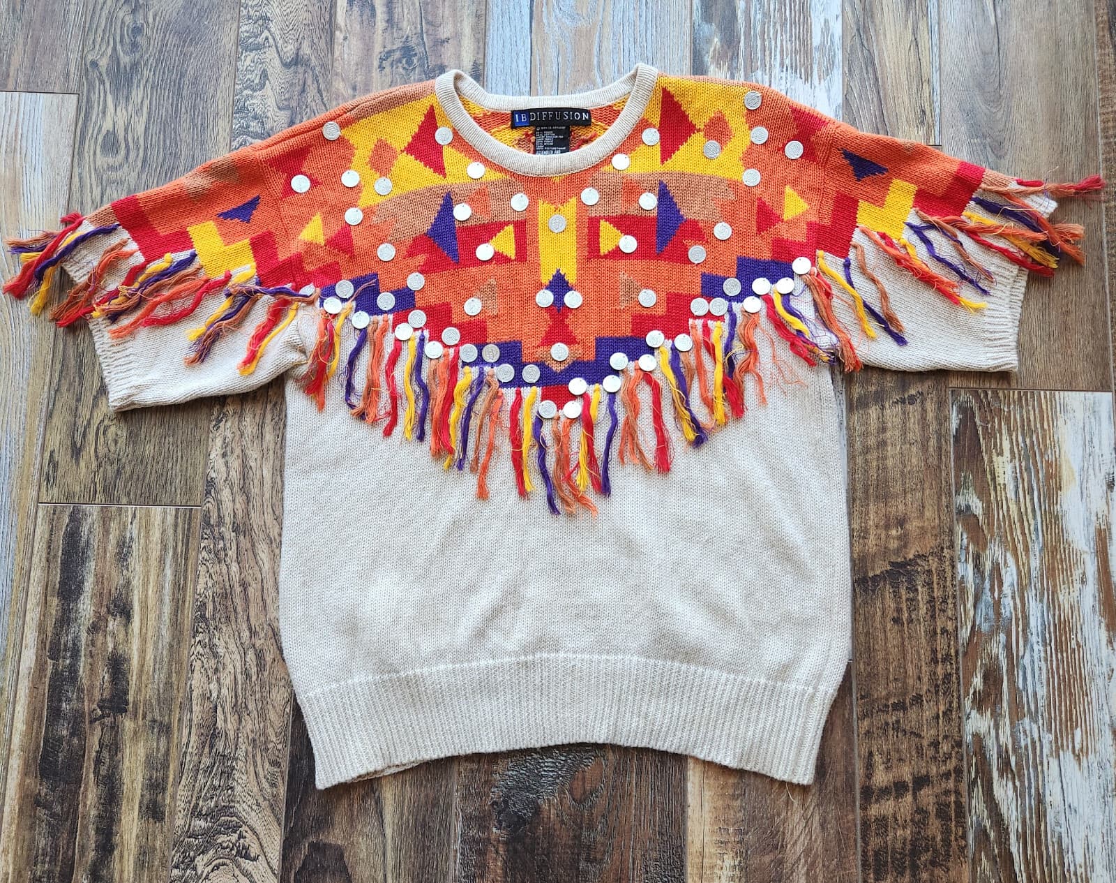 Vintage IB Diffusion Aztec Embellished Fringe Sweater Short Sleeve Bust 40" M/L - Thumbnail 3
