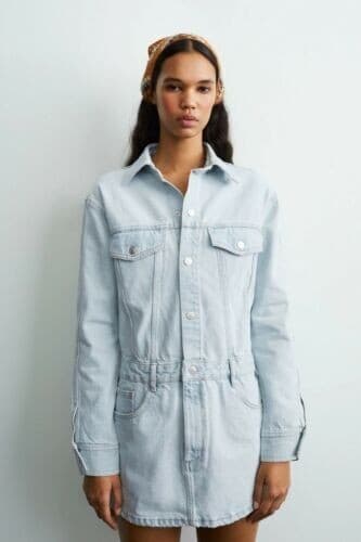 NWoT Zara Mini Denim Shirt Dress Long Sleeve Snap Ligh Wash Blue Cotton Women S - Thumbnail 2