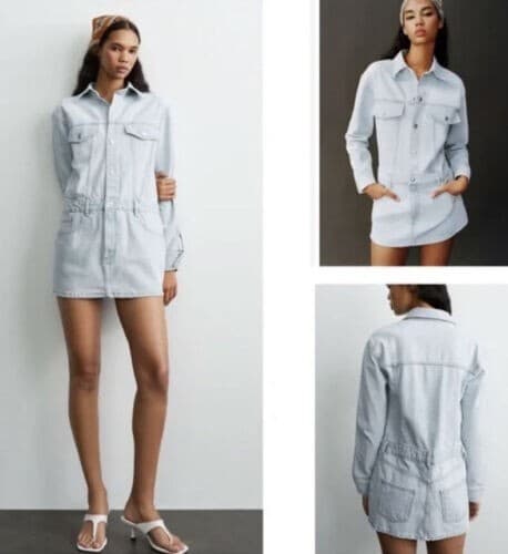 NWoT Zara Mini Denim Shirt Dress Long Sleeve Snap Ligh Wash Blue Cotton Women S - Thumbnail 3