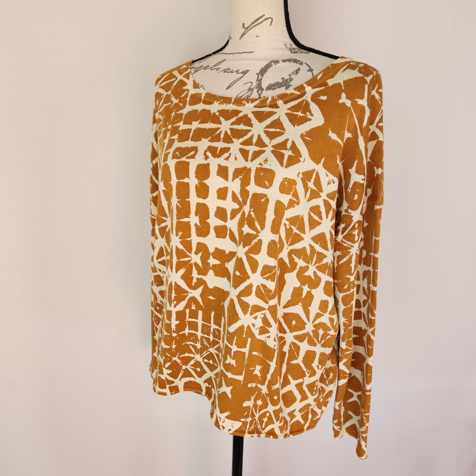 Garnet Hill Silk Cotton Batik Boxy Oversize Sweater Scoop Neck Brown Cream Sz.M
