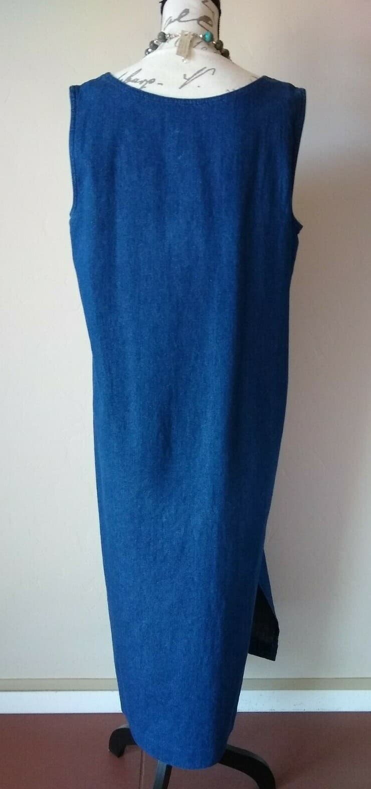 JANE ASHLEY Maxi Denim Blue Tunic Dress Embellished Sleeveless Sz.L - Thumbnail 4