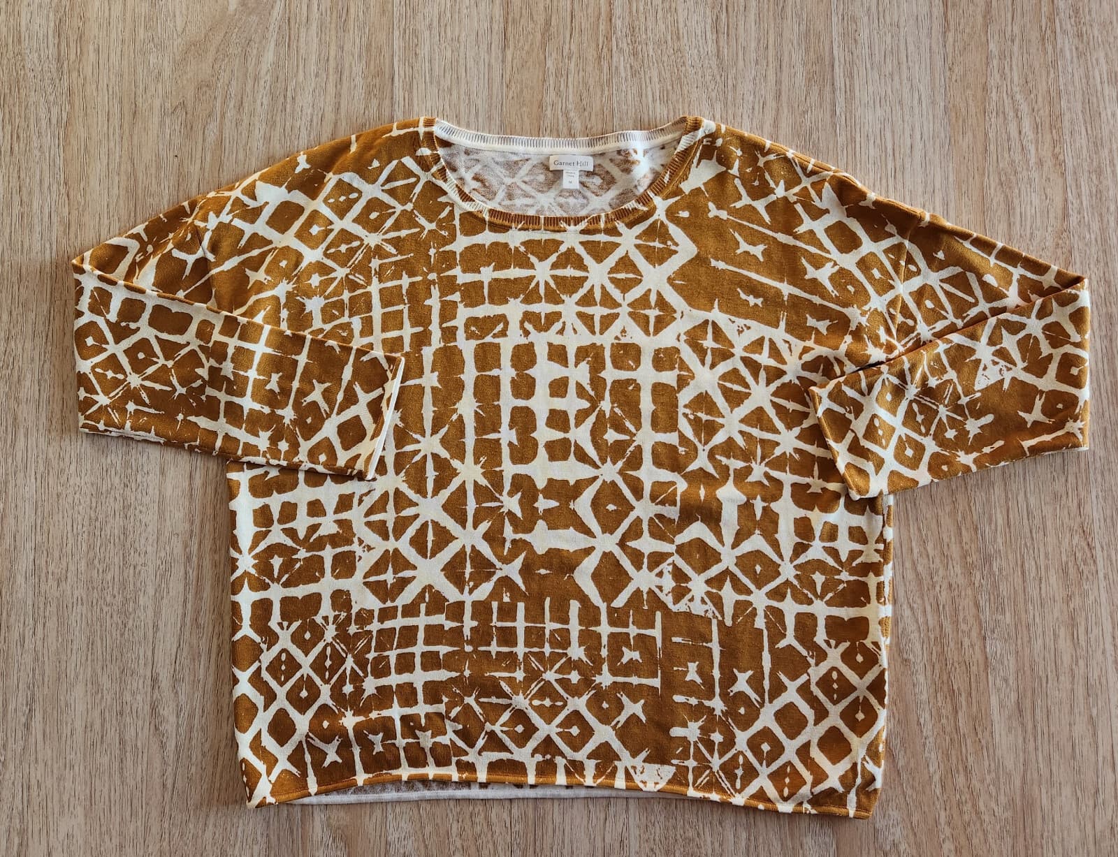 Garnet Hill Silk Cotton Batik Boxy Oversize Sweater Scoop Neck Brown Cream Sz.M - Thumbnail 7