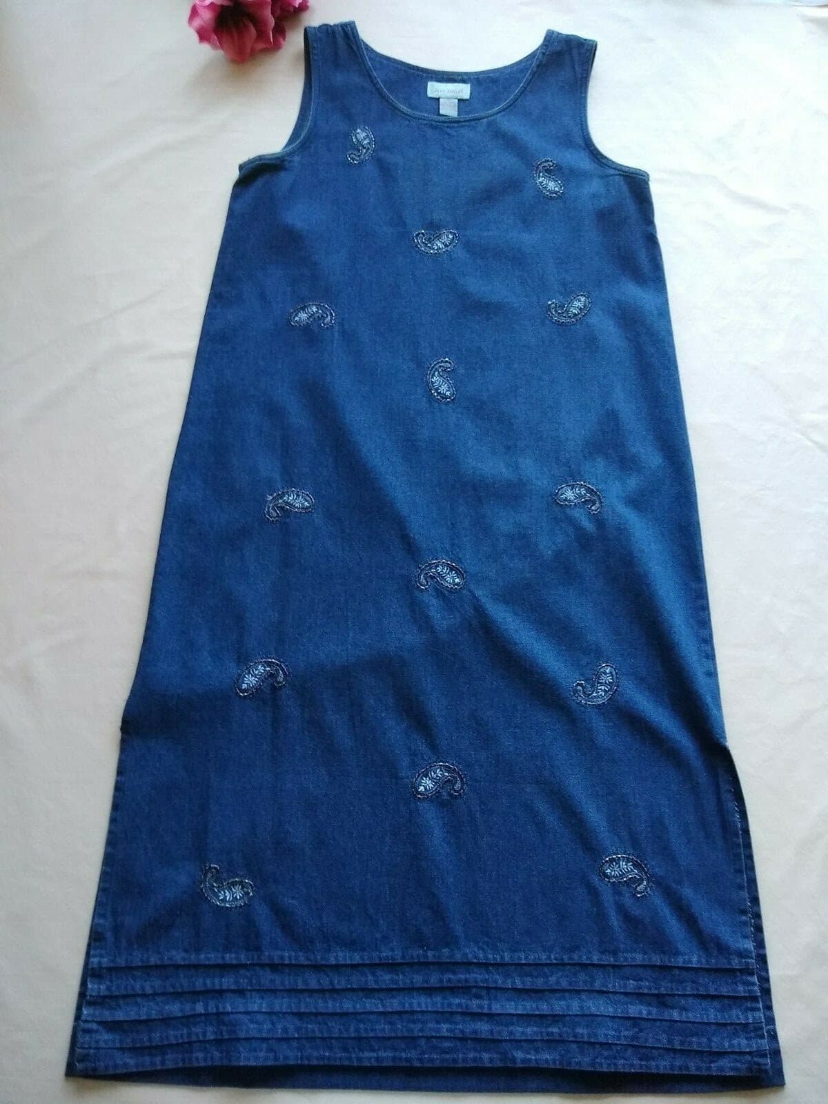 JANE ASHLEY Maxi Denim Blue Tunic Dress Embellished Sleeveless Sz.L