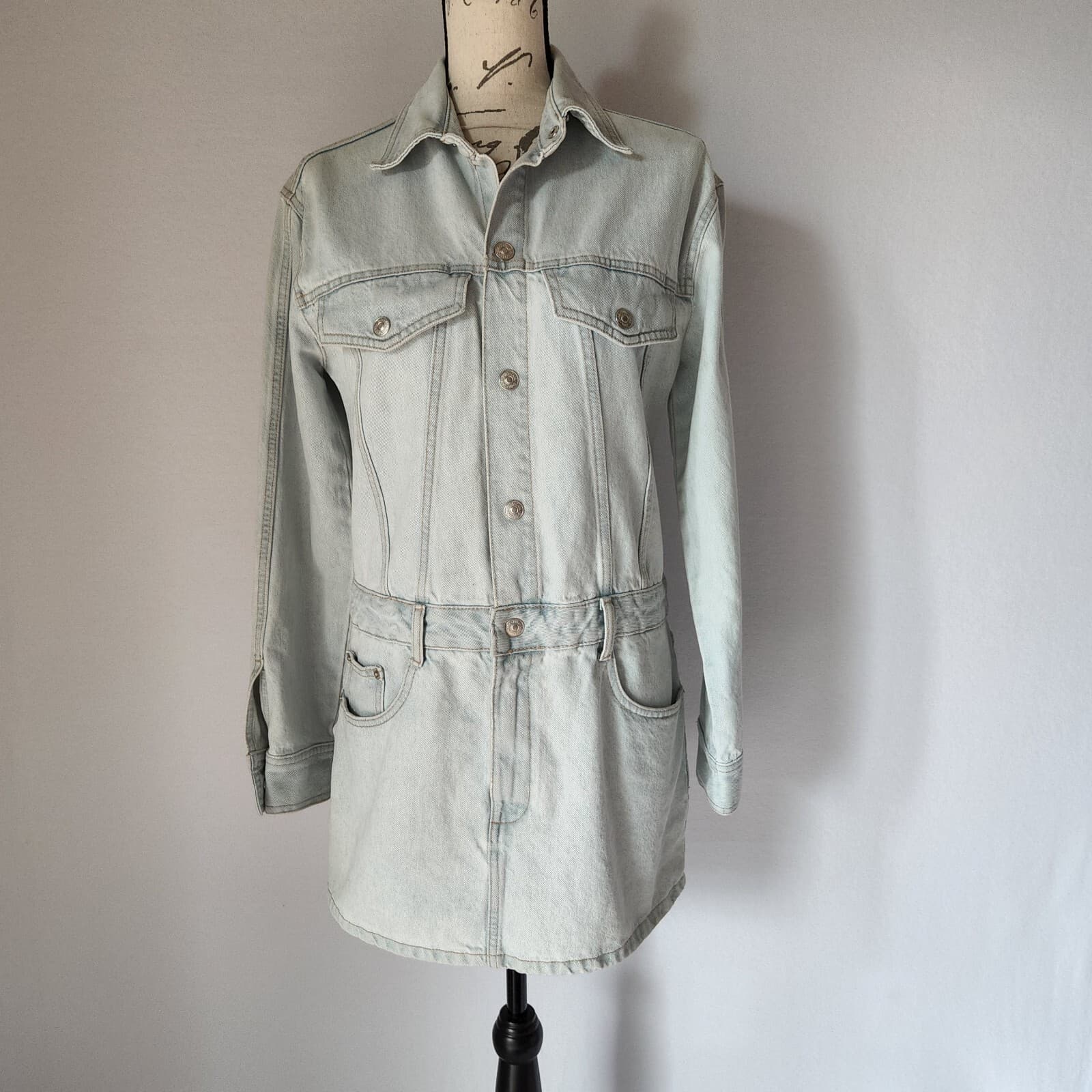 NWoT Zara Mini Denim Shirt Dress Long Sleeve Snap Ligh Wash Blue Cotton Women S - Thumbnail 4