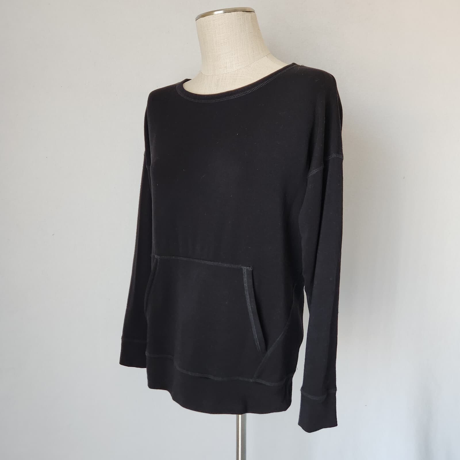 EILEEN FISHER Fleece Lined Crew Sweatshirt Kangaroo Pocket Black Tencel Womens S - Thumbnail 3