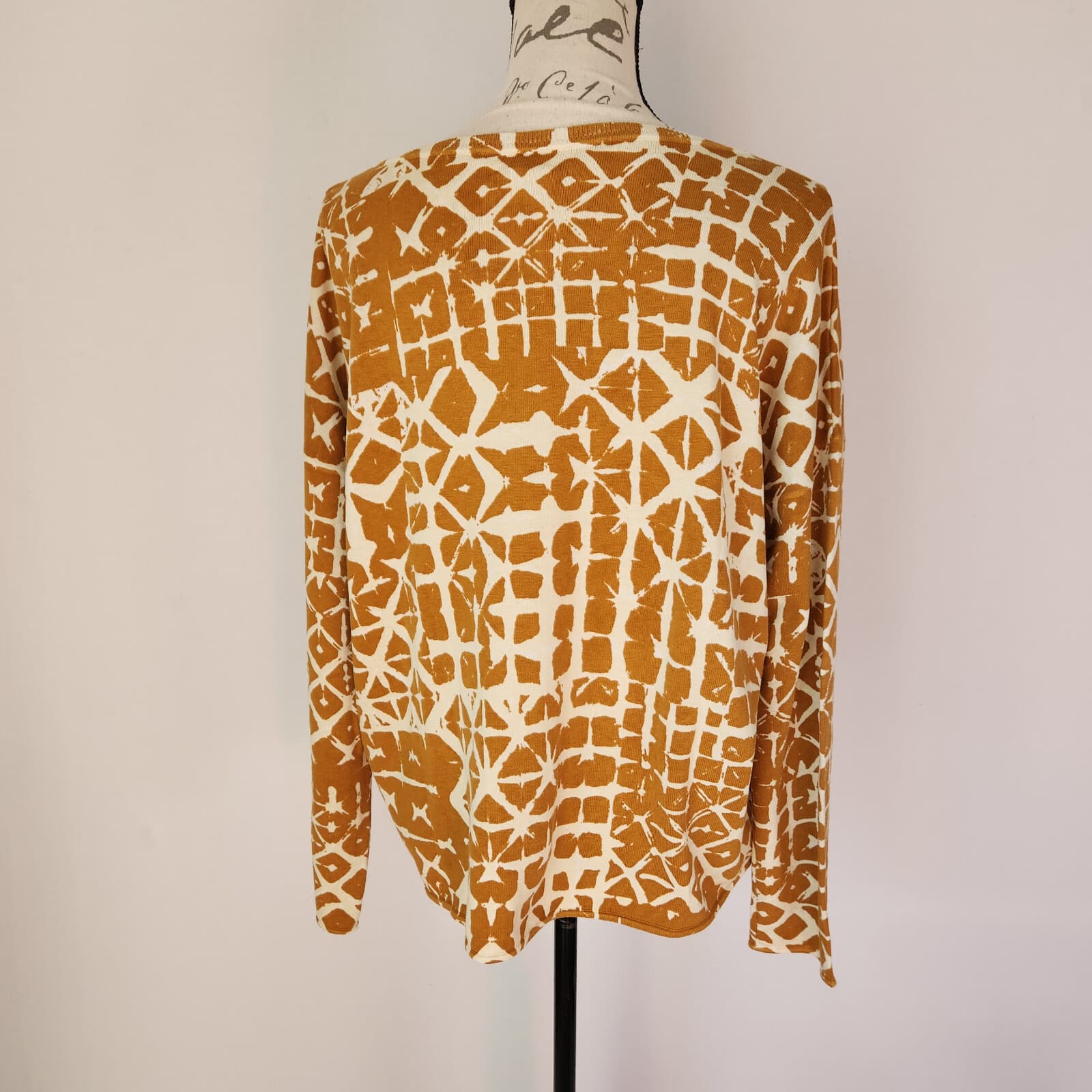 Garnet Hill Silk Cotton Batik Boxy Oversize Sweater Scoop Neck Brown Cream Sz.M - Thumbnail 6