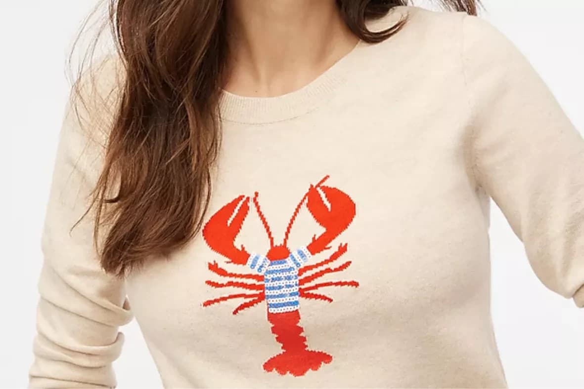 NWoT J.Crew Factory Teddy Lobster Sequined Crew Neck Sweater Cotton Beige Size S - Thumbnail 6