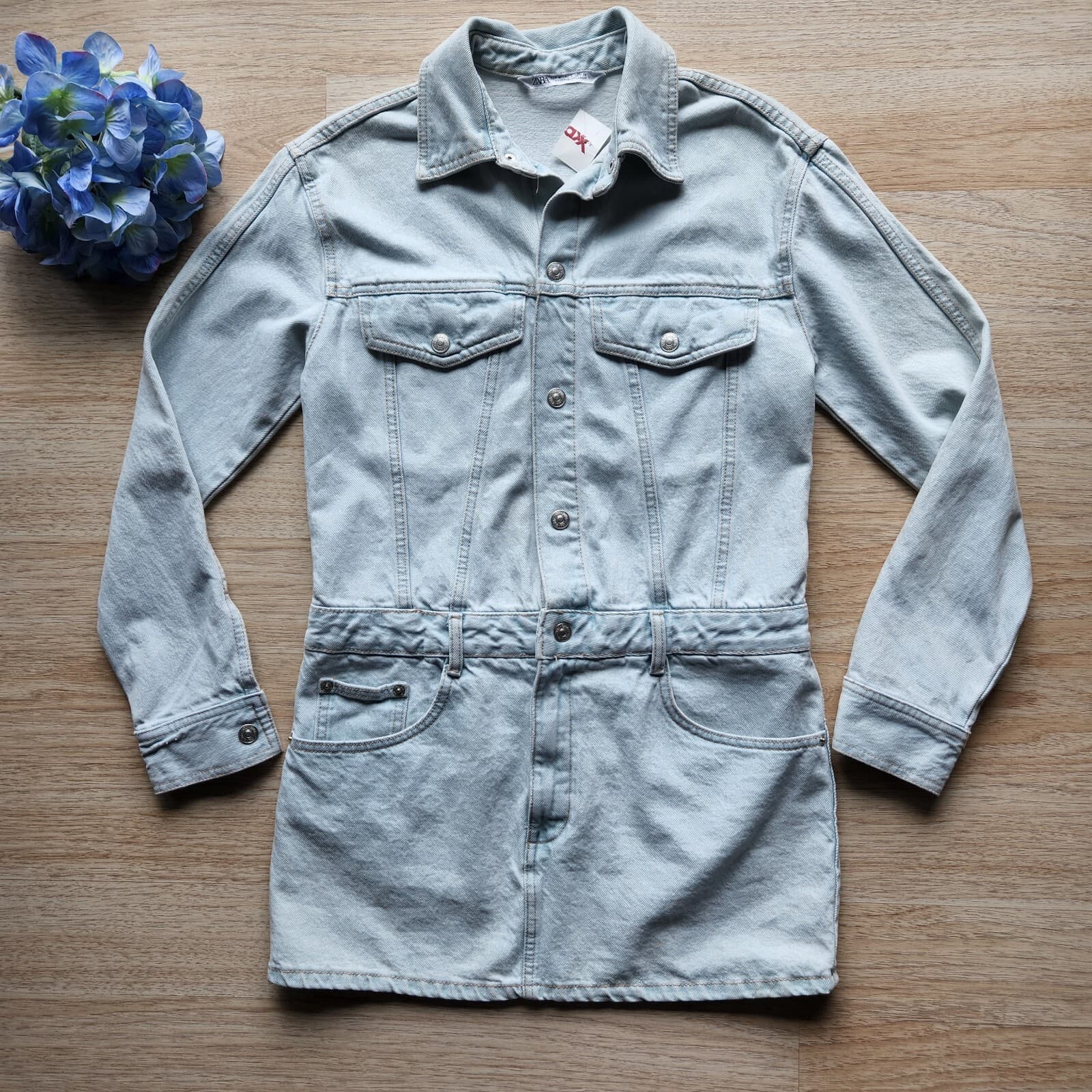 NWoT Zara Mini Denim Shirt Dress Long Sleeve Snap Ligh Wash Blue Cotton Women S - Thumbnail 7