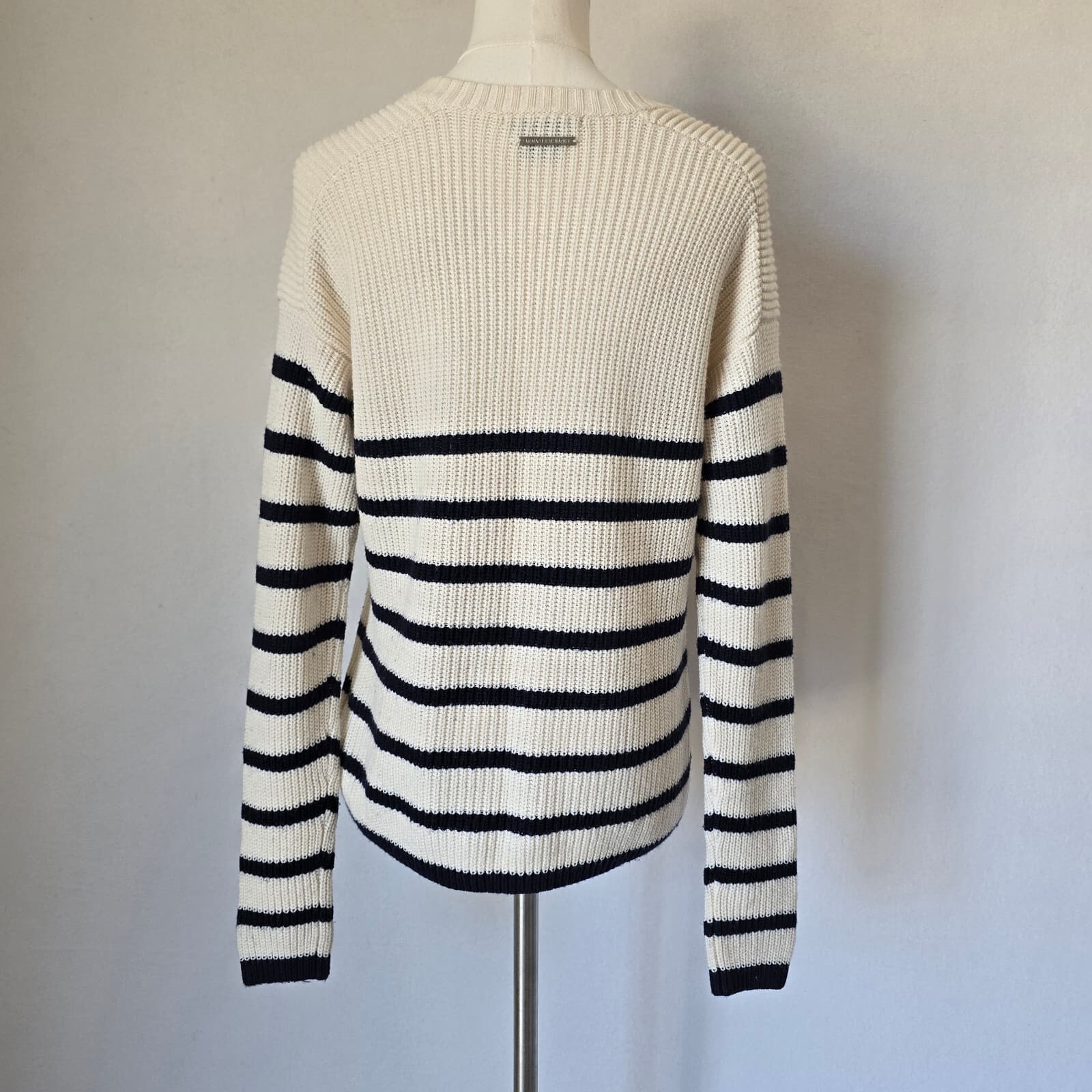 Armani Exchange Wool Blend Prep Strip Sweater Button-Accent Blue Cream Women's M - Thumbnail 6
