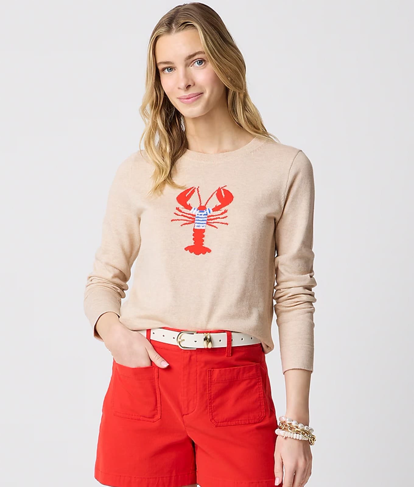 NWoT J.Crew Factory Teddy Lobster Sequined Crew Neck Sweater Cotton Beige Size S - Thumbnail 2