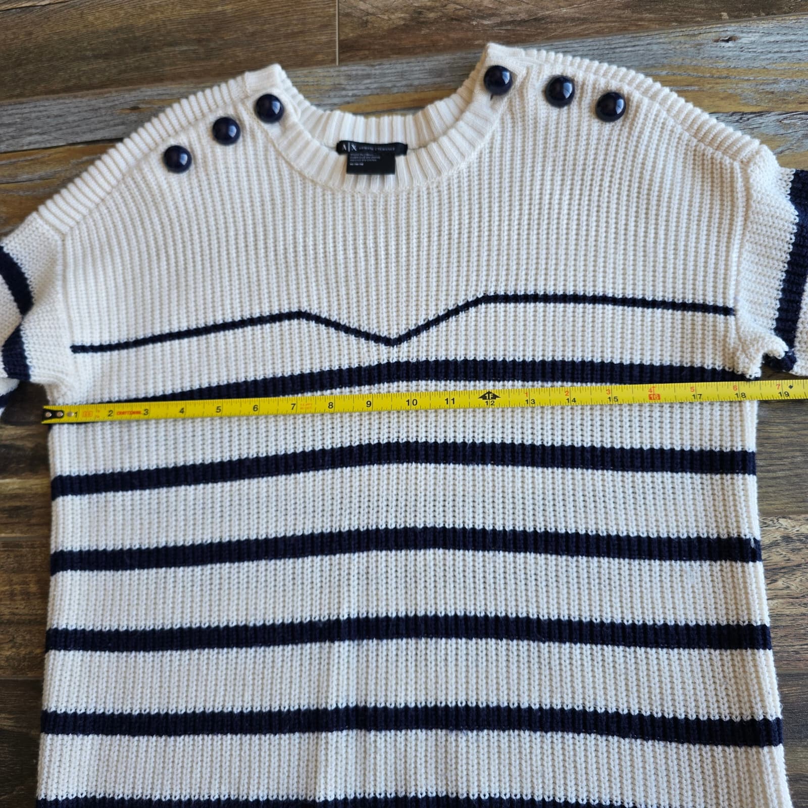 Armani Exchange Wool Blend Prep Strip Sweater Button-Accent Blue Cream Women's M - Thumbnail 12