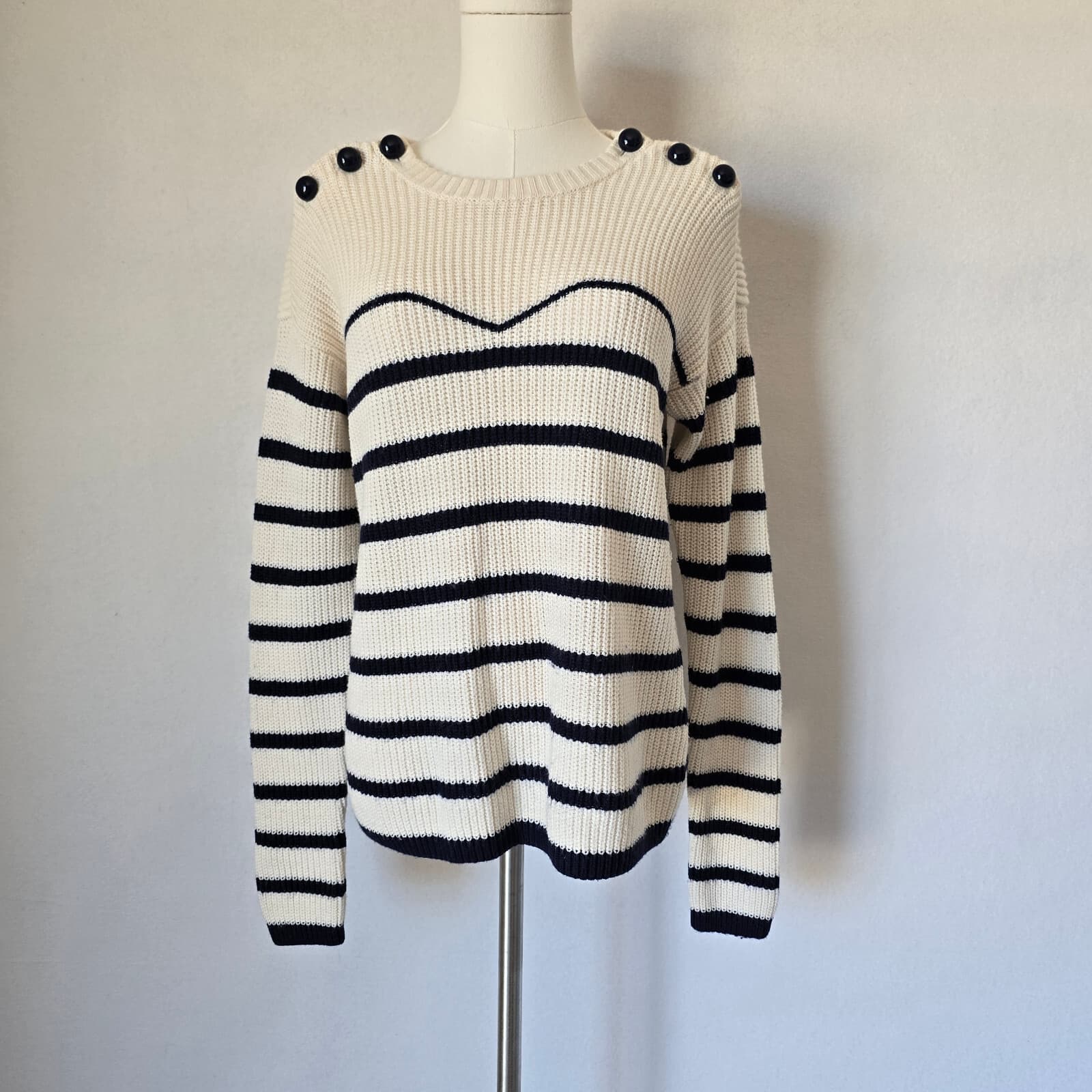 Armani Exchange Wool Blend Prep Strip Sweater Button-Accent Blue Cream Women's M - Thumbnail 3