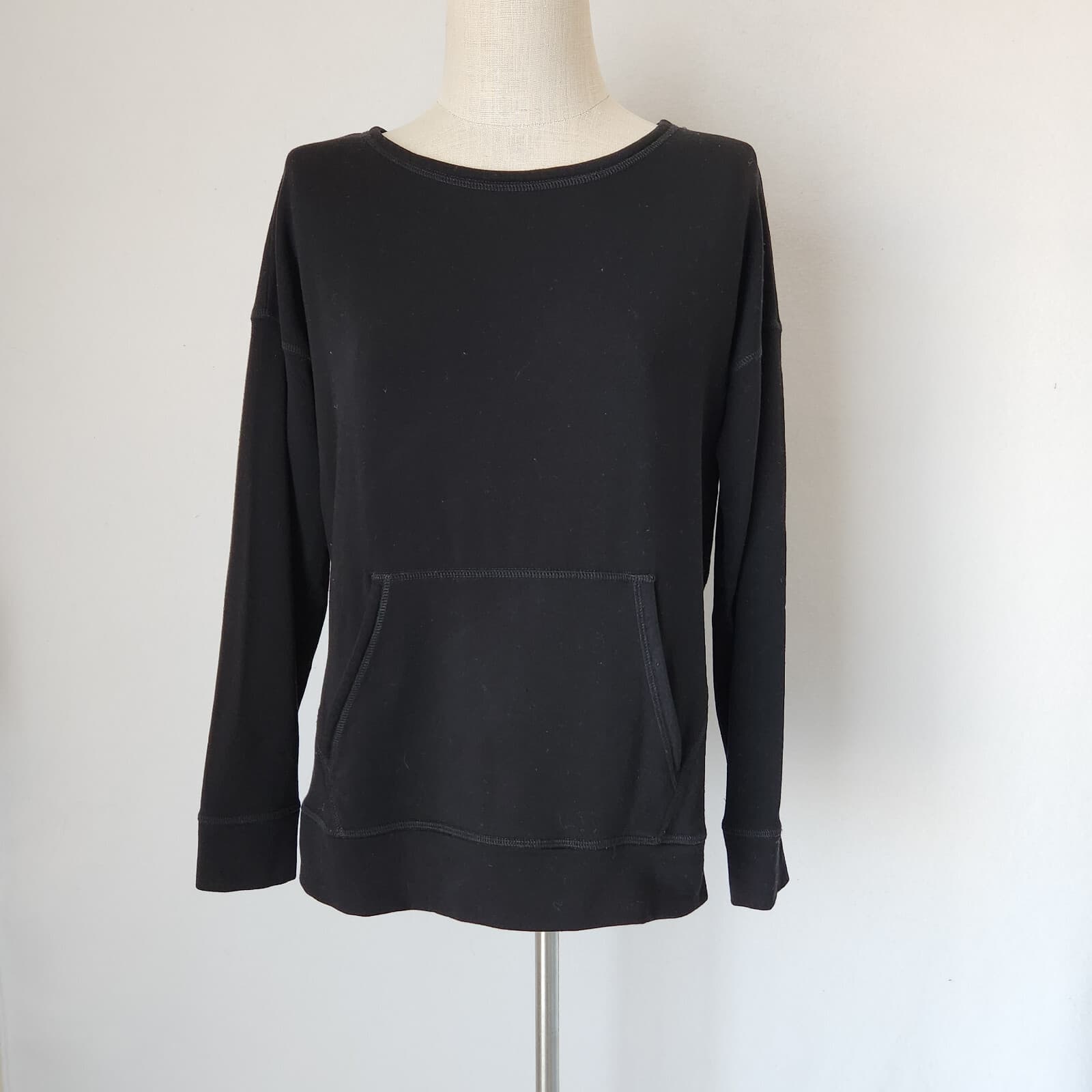 EILEEN FISHER Fleece Lined Crew Sweatshirt Kangaroo Pocket Black Tencel Womens S - Thumbnail 2