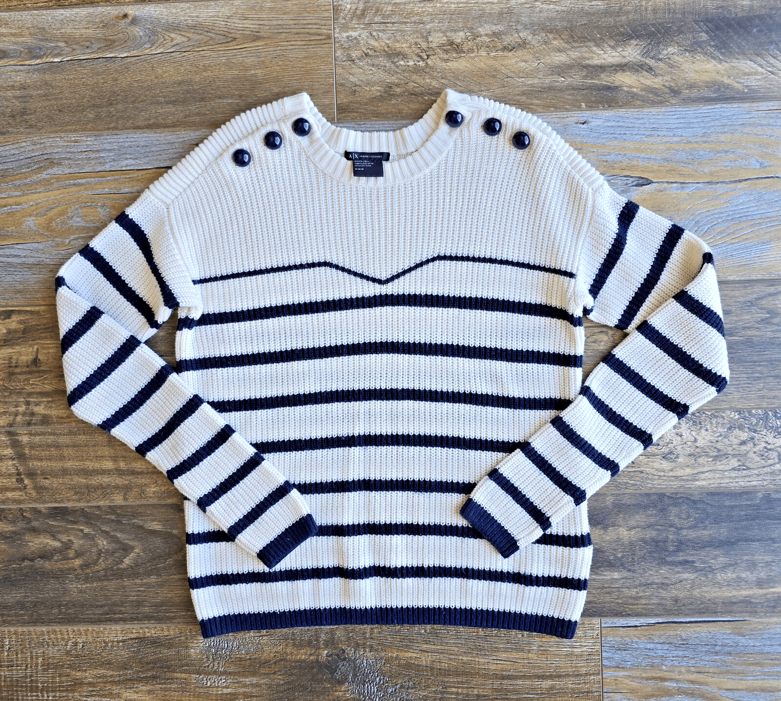 Armani Exchange Wool Blend Prep Strip Sweater Button-Accent Blue Cream Women's M - Thumbnail 2