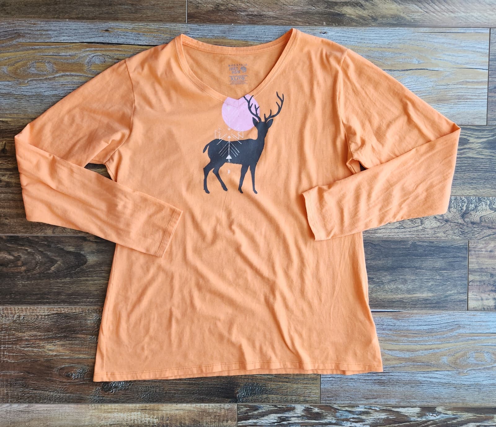Mountain Hardwear Deer Graphic V-Neck T-Shirt Long Sleeve Orange Women's XL - Thumbnail 3