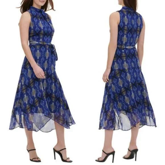 NWT Calvin Klein Handkerchief Snakeskin Dress Belt Sleeveless Blue Sz.4 $130
