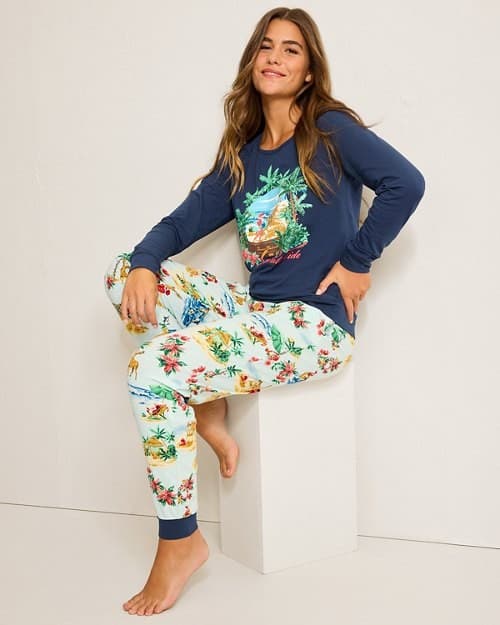 Tommy Bahama Beach Wishes Graphic Pajama Top Long Sleeve Blue Women's L-Tall - Thumbnail 3