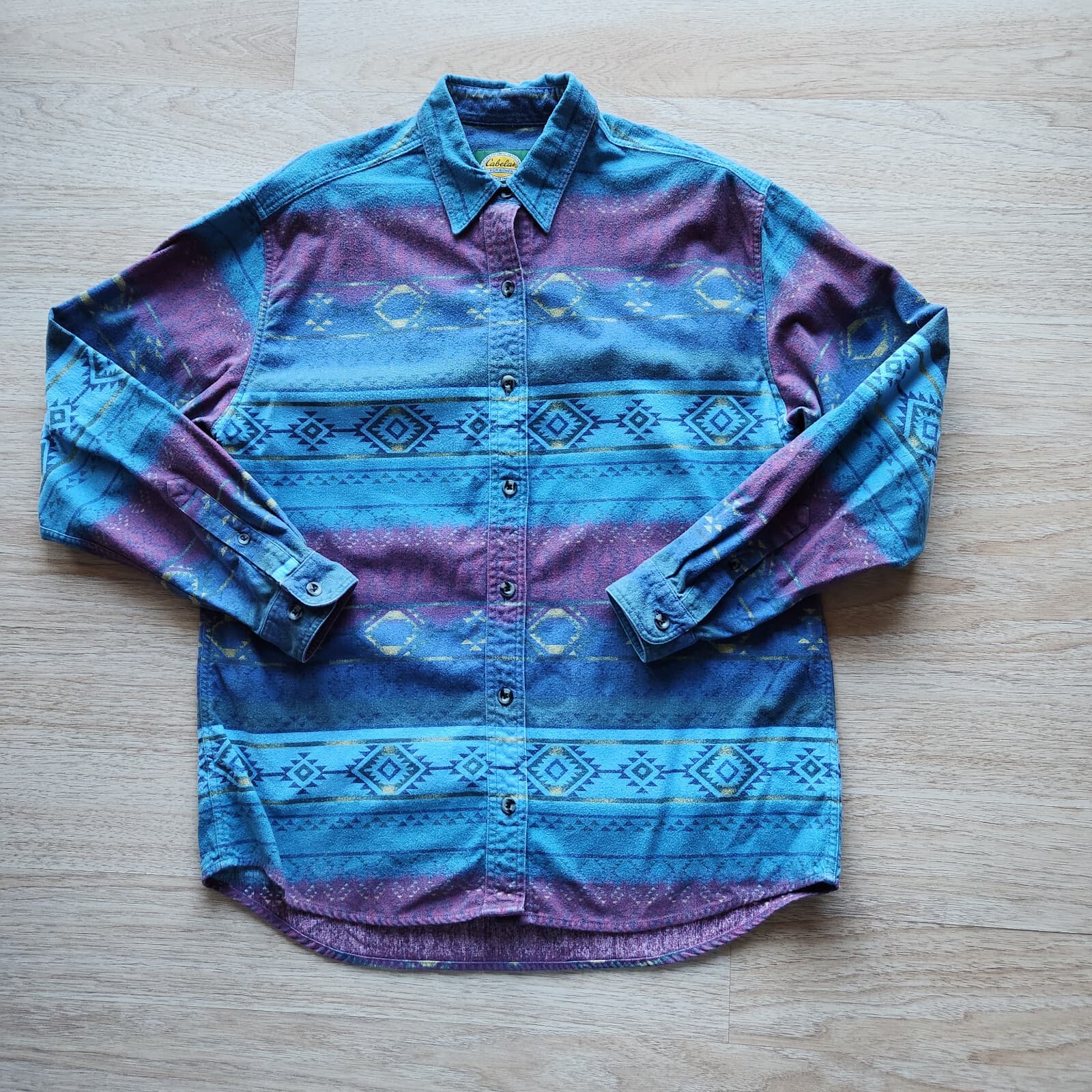 Cabela's Aztec Southwest Flannel Shirt Button Down Long Sleeve Blue Red Women M - Thumbnail 3