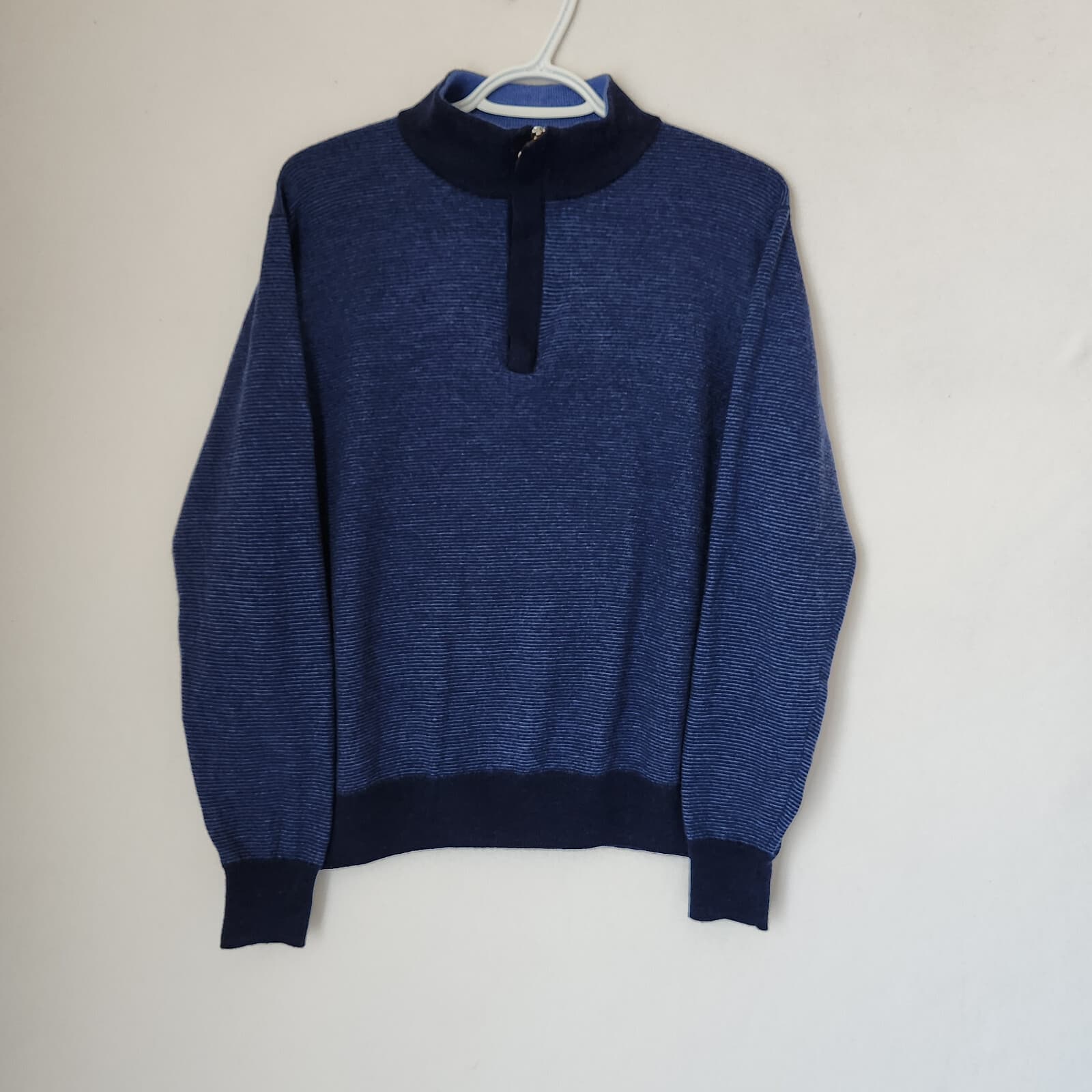 Peter Millar Extrafine Italian Merino Wool 1/4 Zip Sweater Needle Stripe Navy L