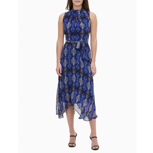 NWT Calvin Klein Handkerchief Snakeskin Dress Belt Sleeveless Blue Sz.4 $130 - Thumbnail 2