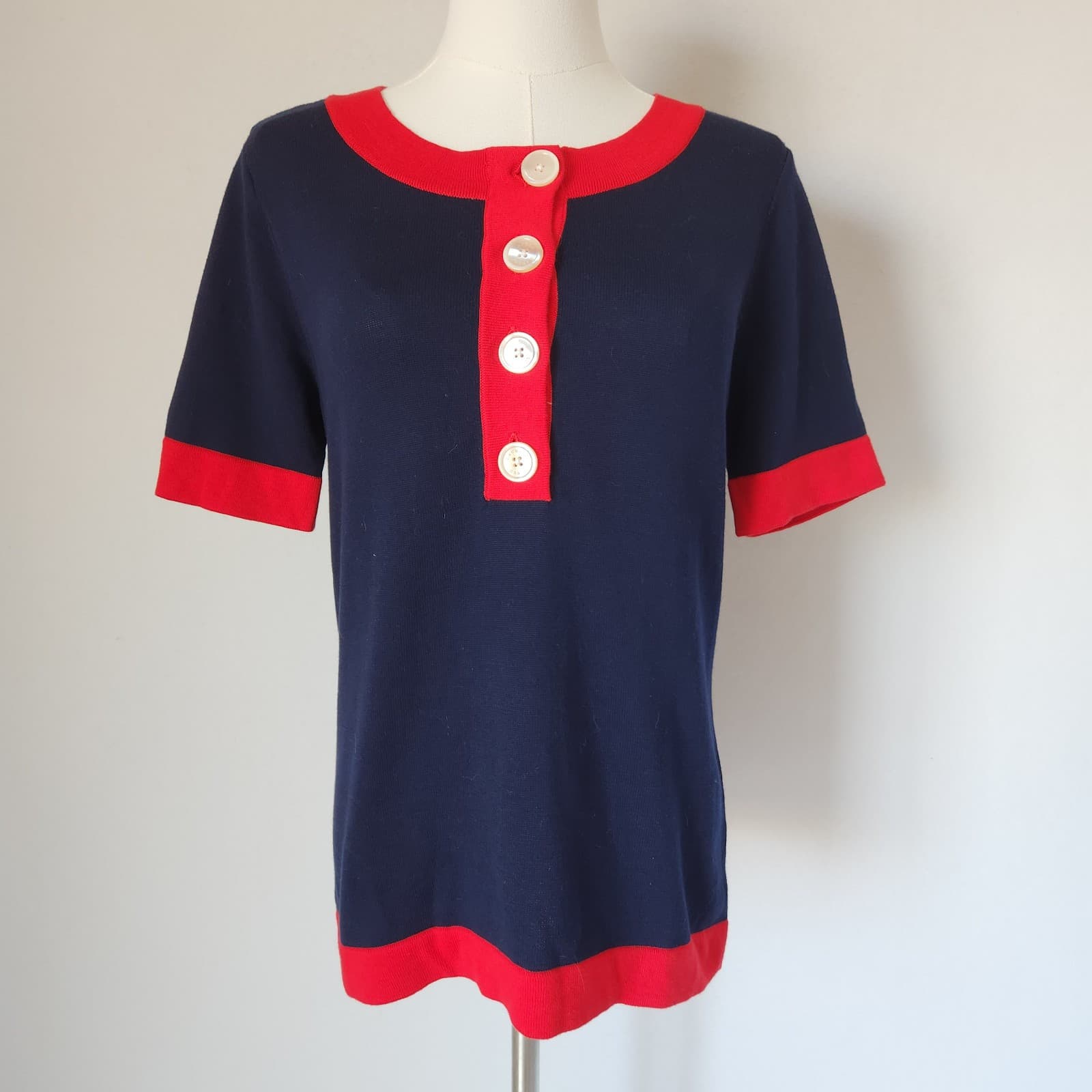 Lauren Ralph Lauren Knit Nautical Sailor Short Sleeve Sweater Navy Red Cotton M - Thumbnail 2