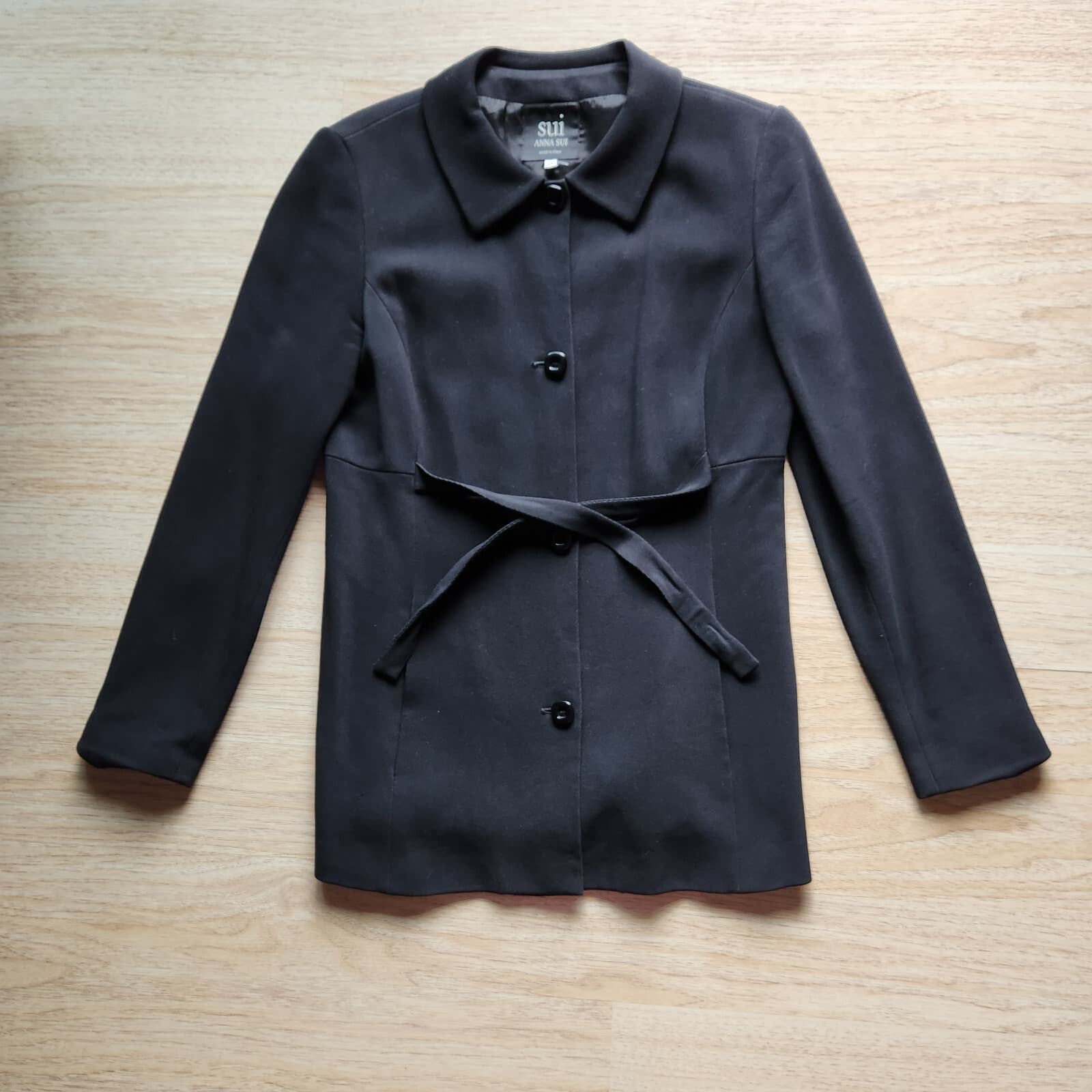 Sui Anna Sui Twill Wool Blend Tie-Waist Jacket Pocket Black Sz.44 Made in Italy - Thumbnail 3