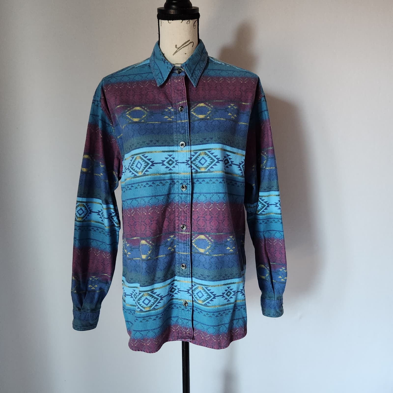 Cabela's Aztec Southwest Flannel Shirt Button Down Long Sleeve Blue Red Women M - Thumbnail 2