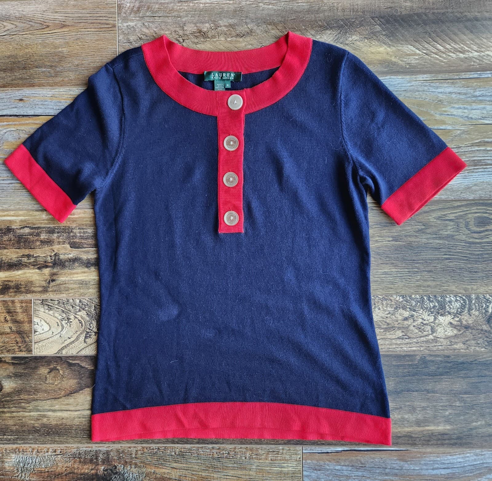Lauren Ralph Lauren Knit Nautical Sailor Short Sleeve Sweater Navy Red Cotton M - Thumbnail 3