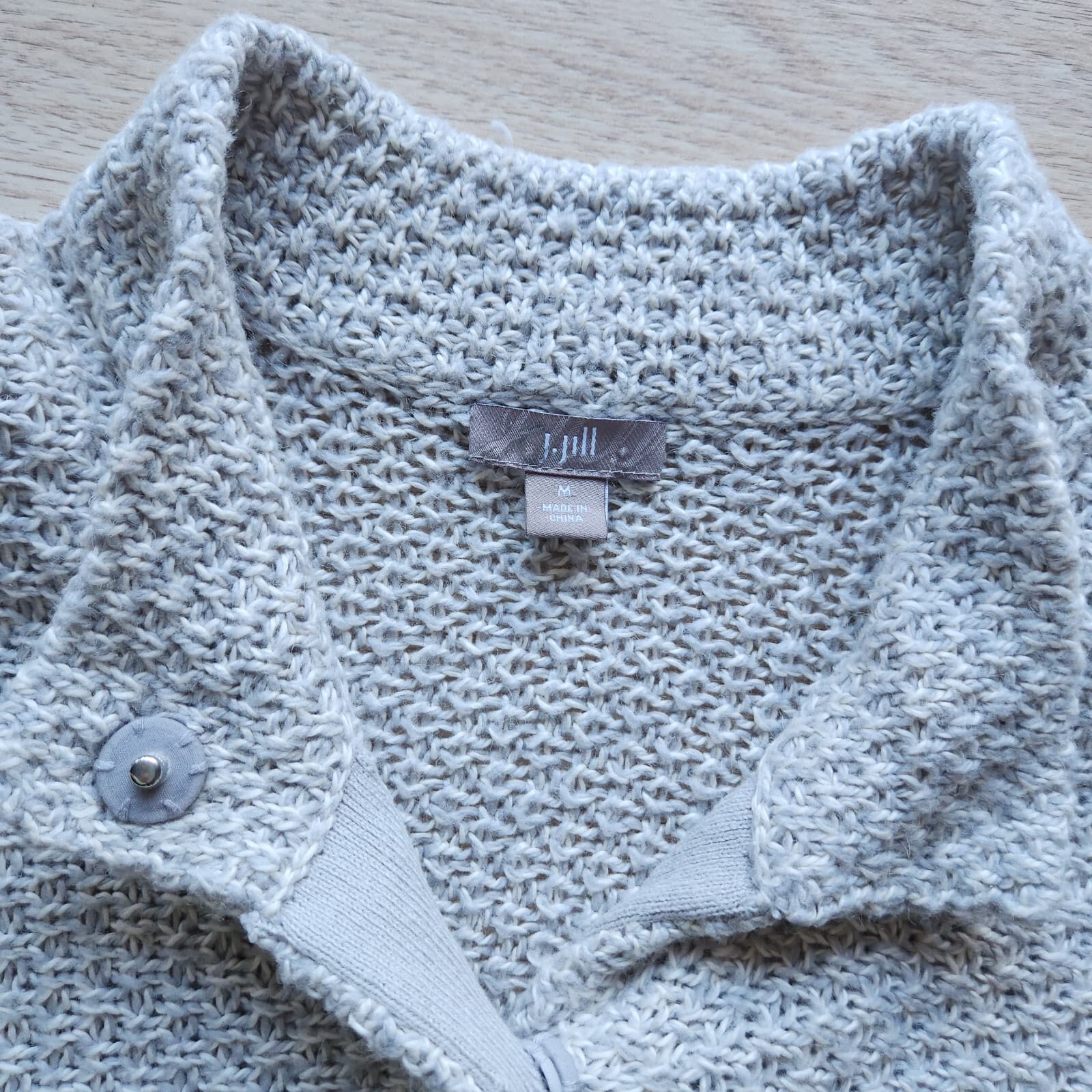 J.Jill Waffle Knit Mock Neck Cardigan Snap 3/4 Sleeve Cotton Wool Grey Women M - Thumbnail 6