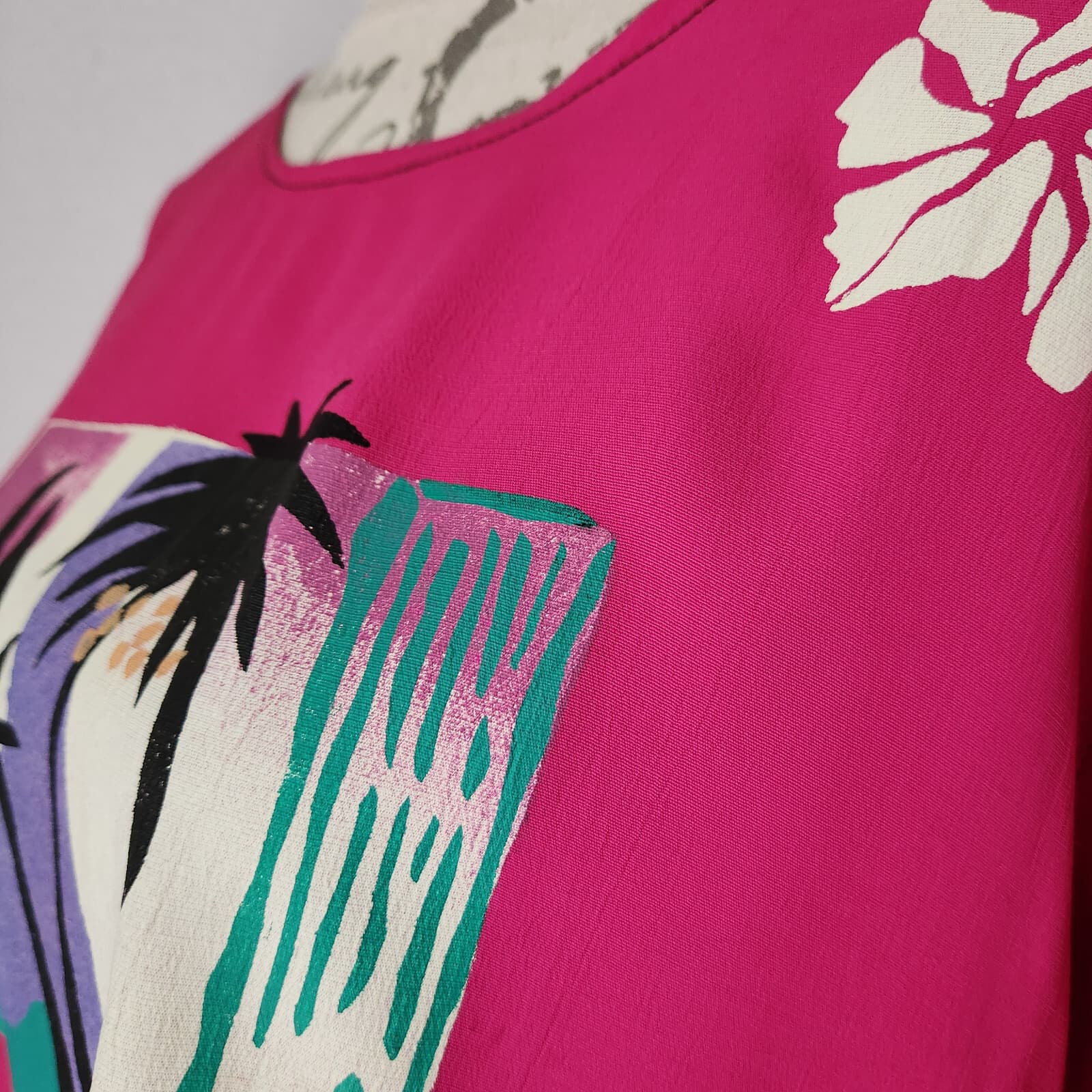 Crazy Fish Hawaii Tropical Maxi Dress Short Sleeve Pocket Rayon Pink Black Sz.L - Thumbnail 3
