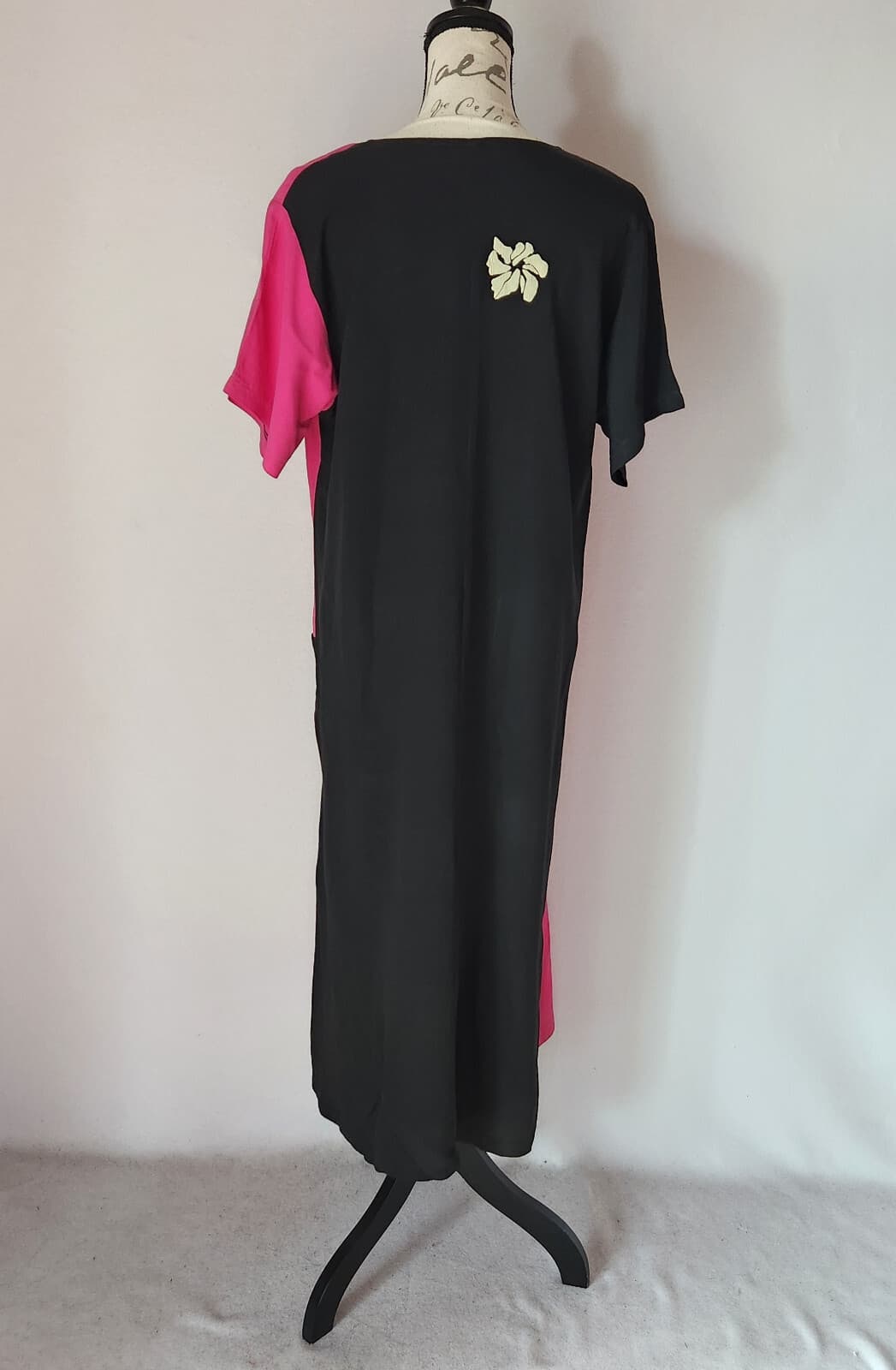 Crazy Fish Hawaii Tropical Maxi Dress Short Sleeve Pocket Rayon Pink Black Sz.L - Thumbnail 6