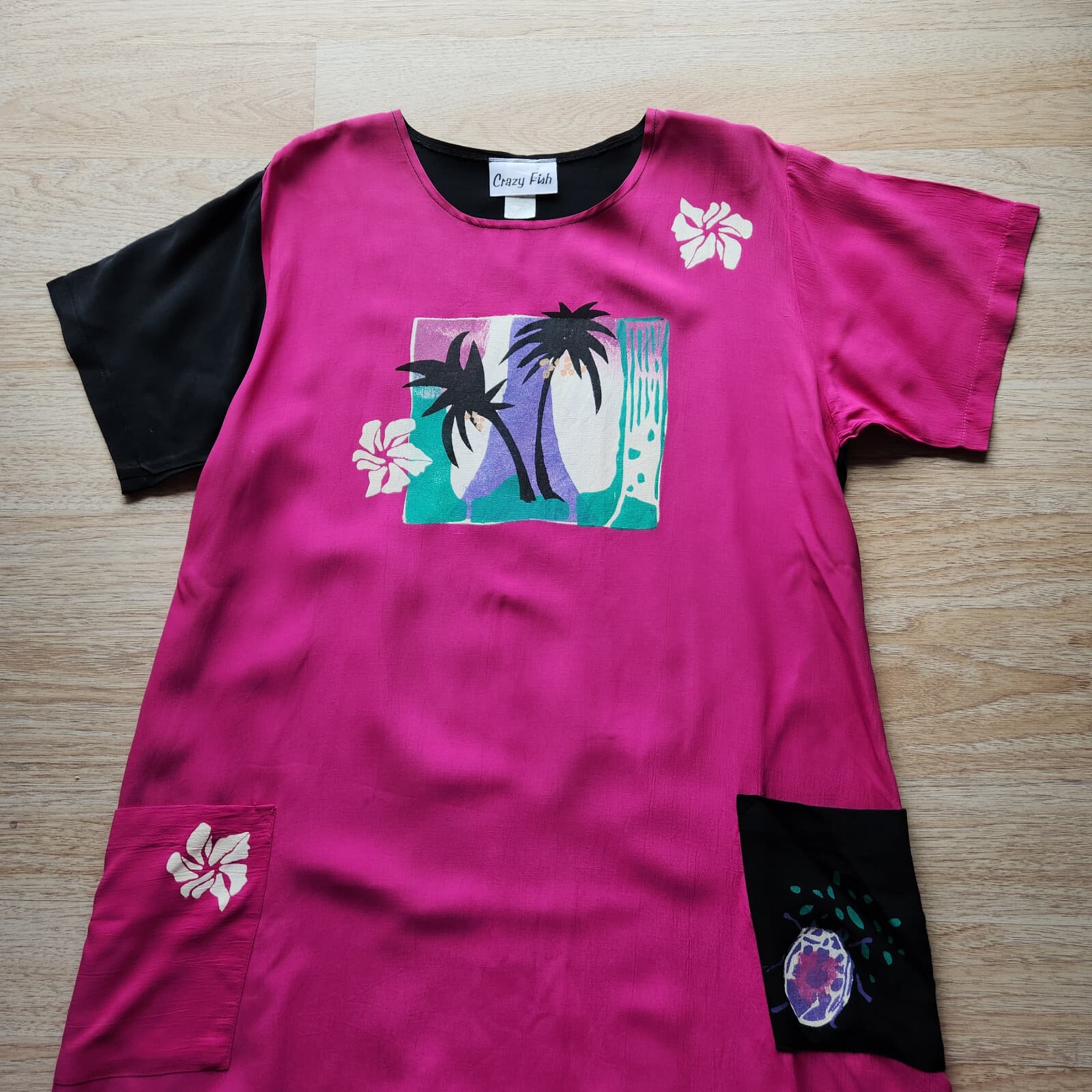 Crazy Fish Hawaii Tropical Maxi Dress Short Sleeve Pocket Rayon Pink Black Sz.L - Thumbnail 5