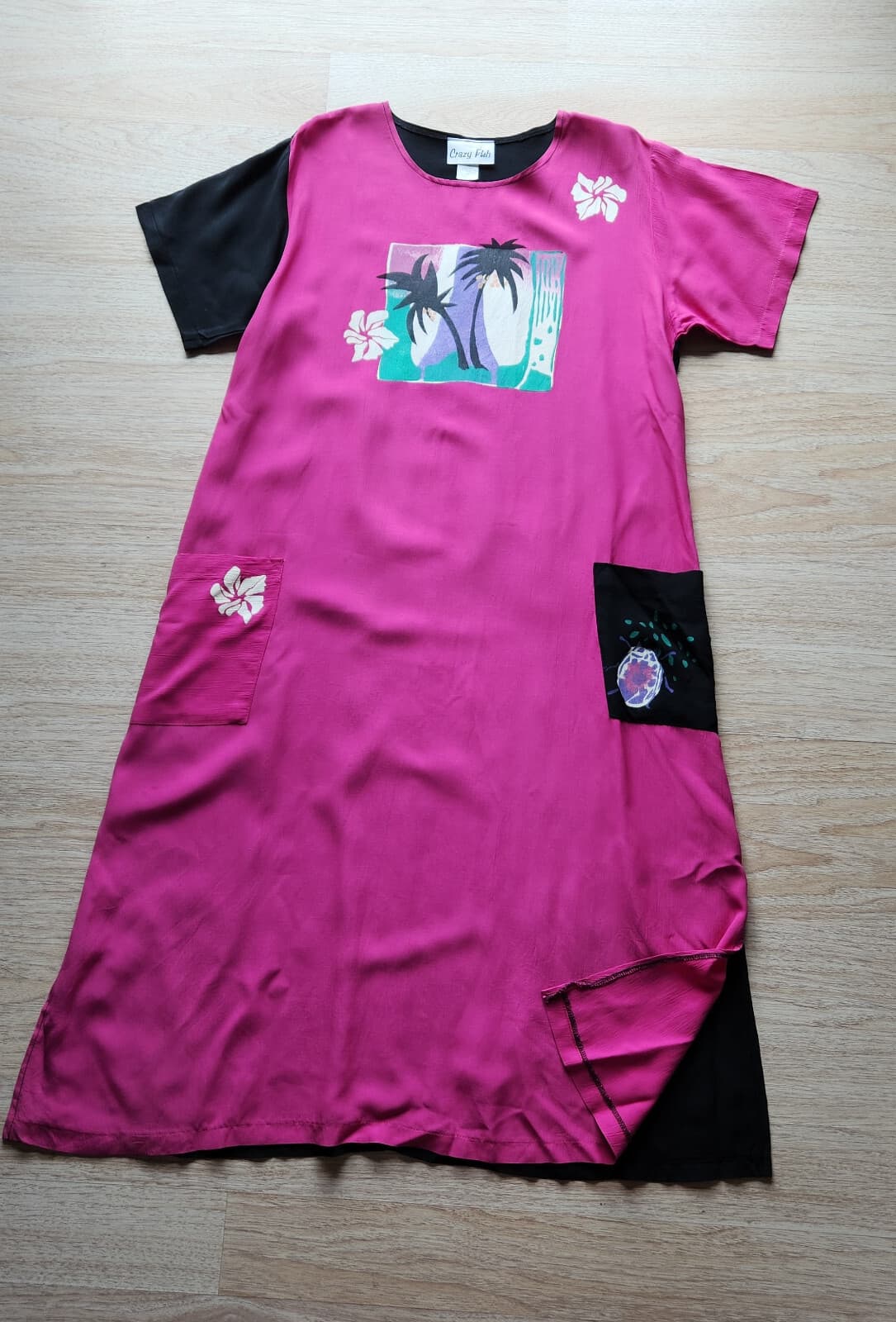Crazy Fish Hawaii Tropical Maxi Dress Short Sleeve Pocket Rayon Pink Black Sz.L - Thumbnail 4