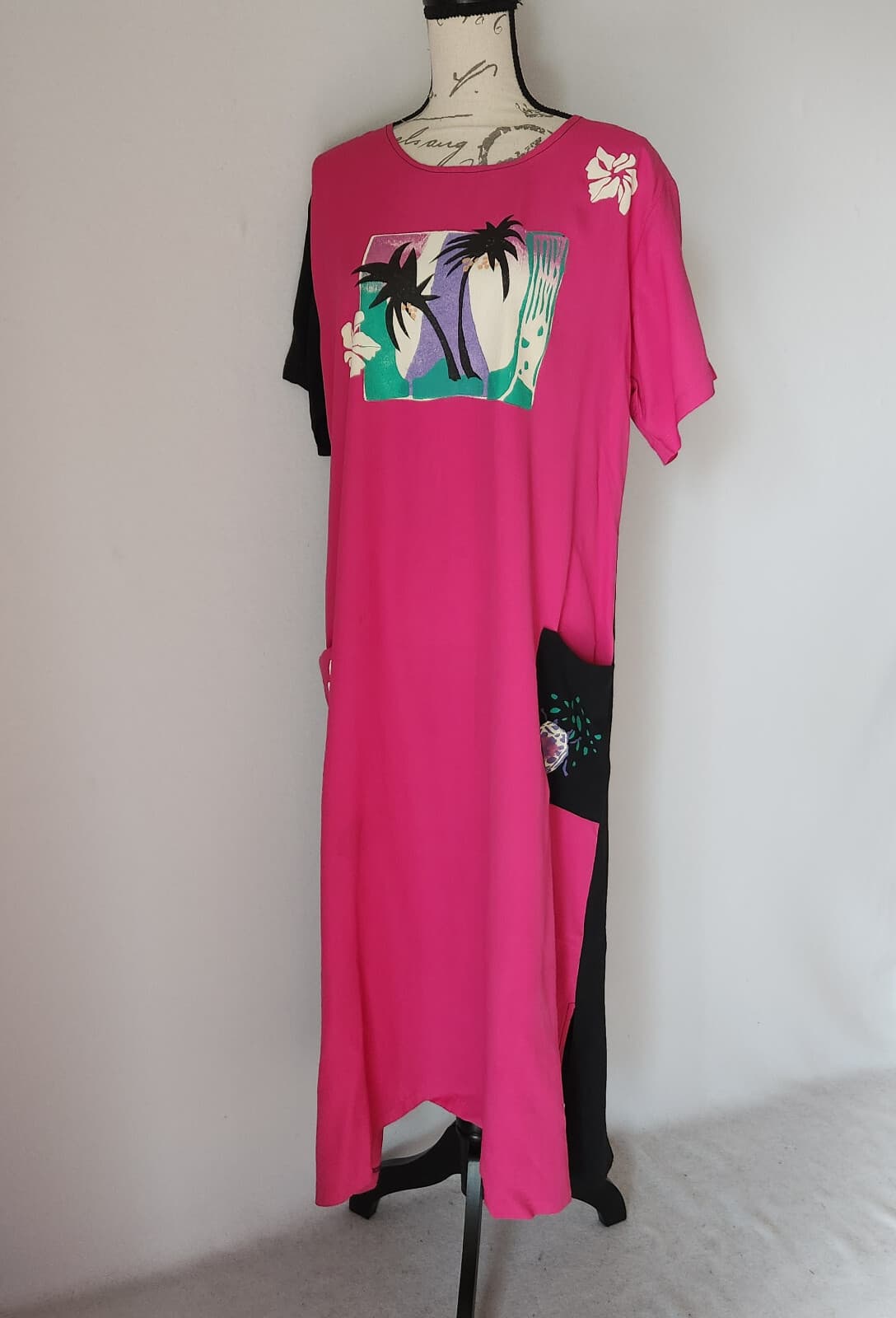 Crazy Fish Hawaii Tropical Maxi Dress Short Sleeve Pocket Rayon Pink Black Sz.L - Thumbnail 2