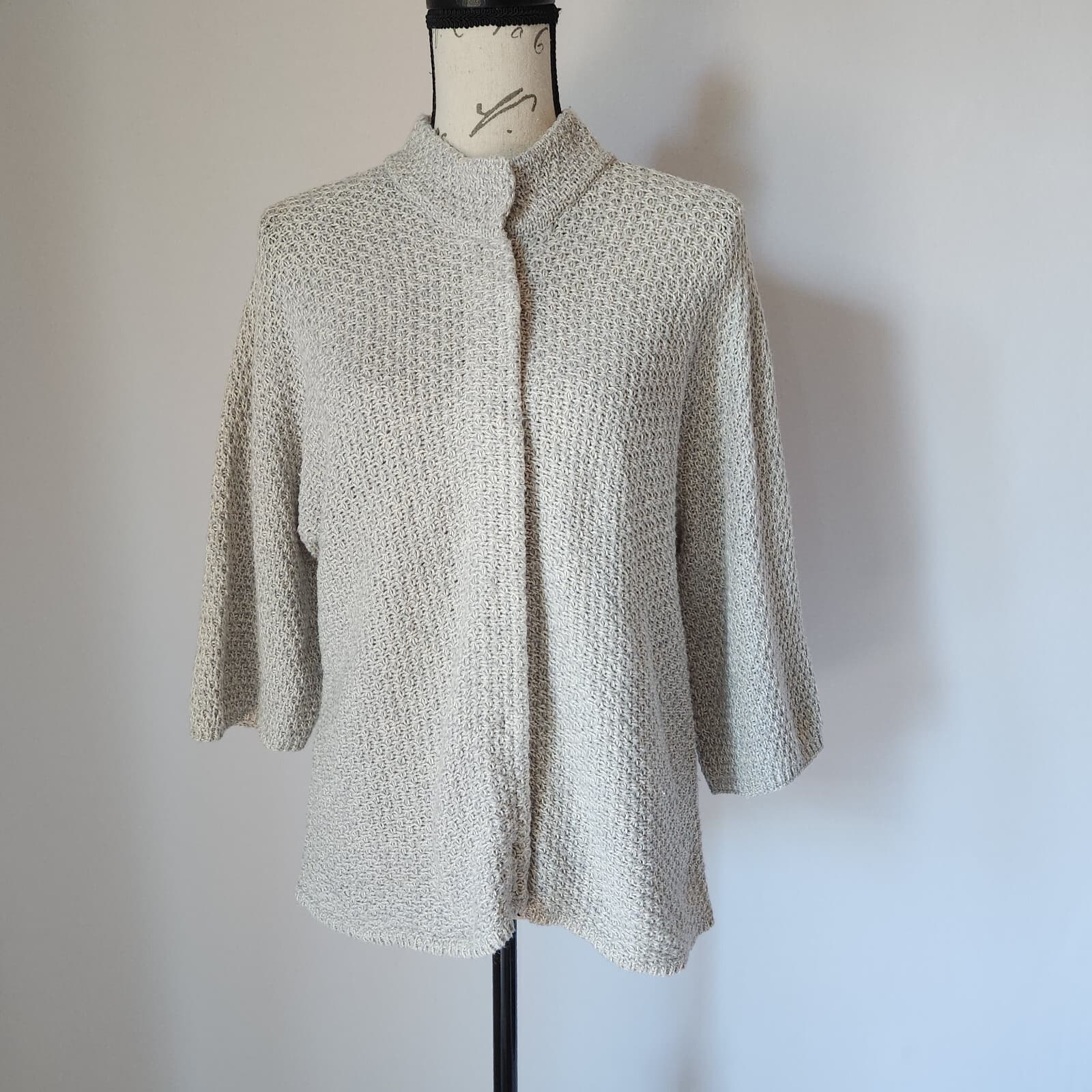 J.Jill Waffle Knit Mock Neck Cardigan Snap 3/4 Sleeve Cotton Wool Grey Women M - Thumbnail 2