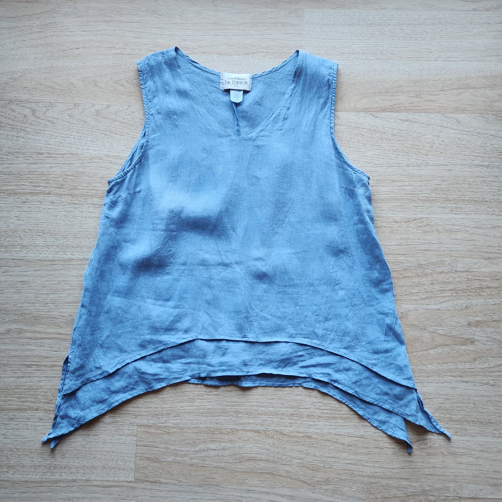 La. Fixsun Pre-Shrunk Linen Lagenlook Hi-Low Layered Tank Blue Sz.M Made in USA - Thumbnail 3