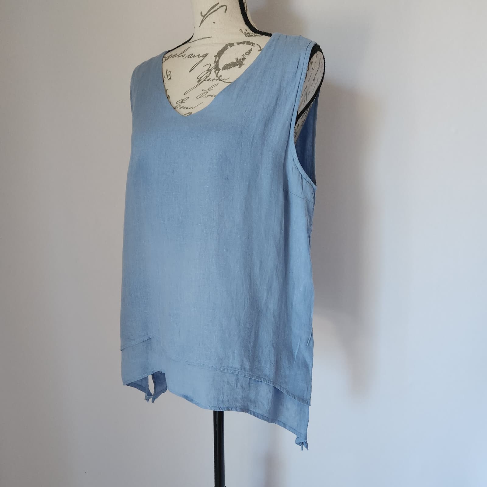 La. Fixsun Pre-Shrunk Linen Lagenlook Hi-Low Layered Tank Blue Sz.M Made in USA - Thumbnail 2