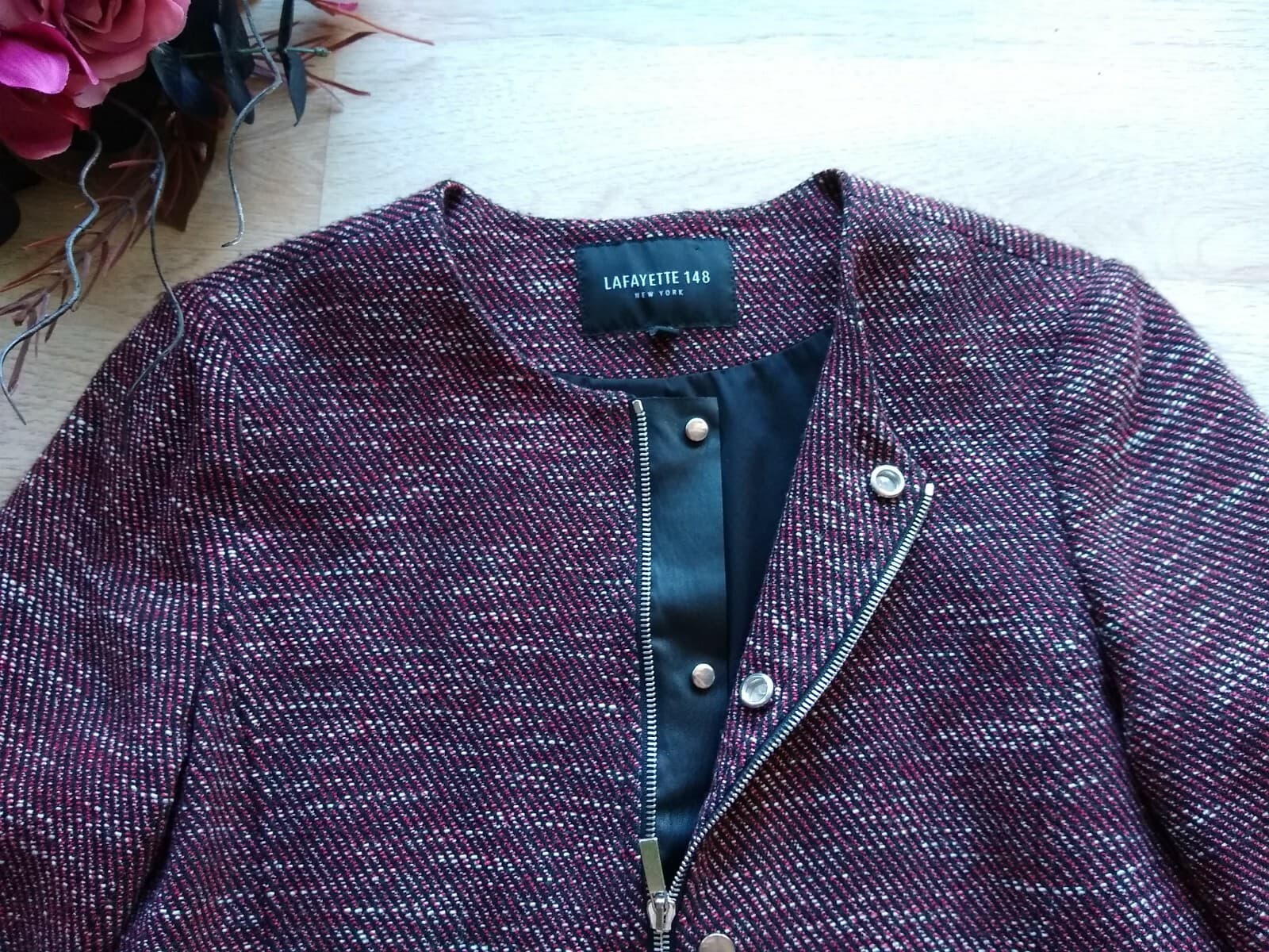 LAFAYETTE 148 NY Wool Blend Blazer Jacket Zip-Up Zip-Pocket Lined Black Red Sz.M - Thumbnail 5