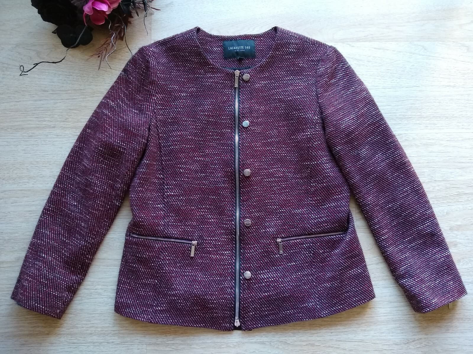 LAFAYETTE 148 NY Wool Blend Blazer Jacket Zip-Up Zip-Pocket Lined Black Red Sz.M - Thumbnail 2
