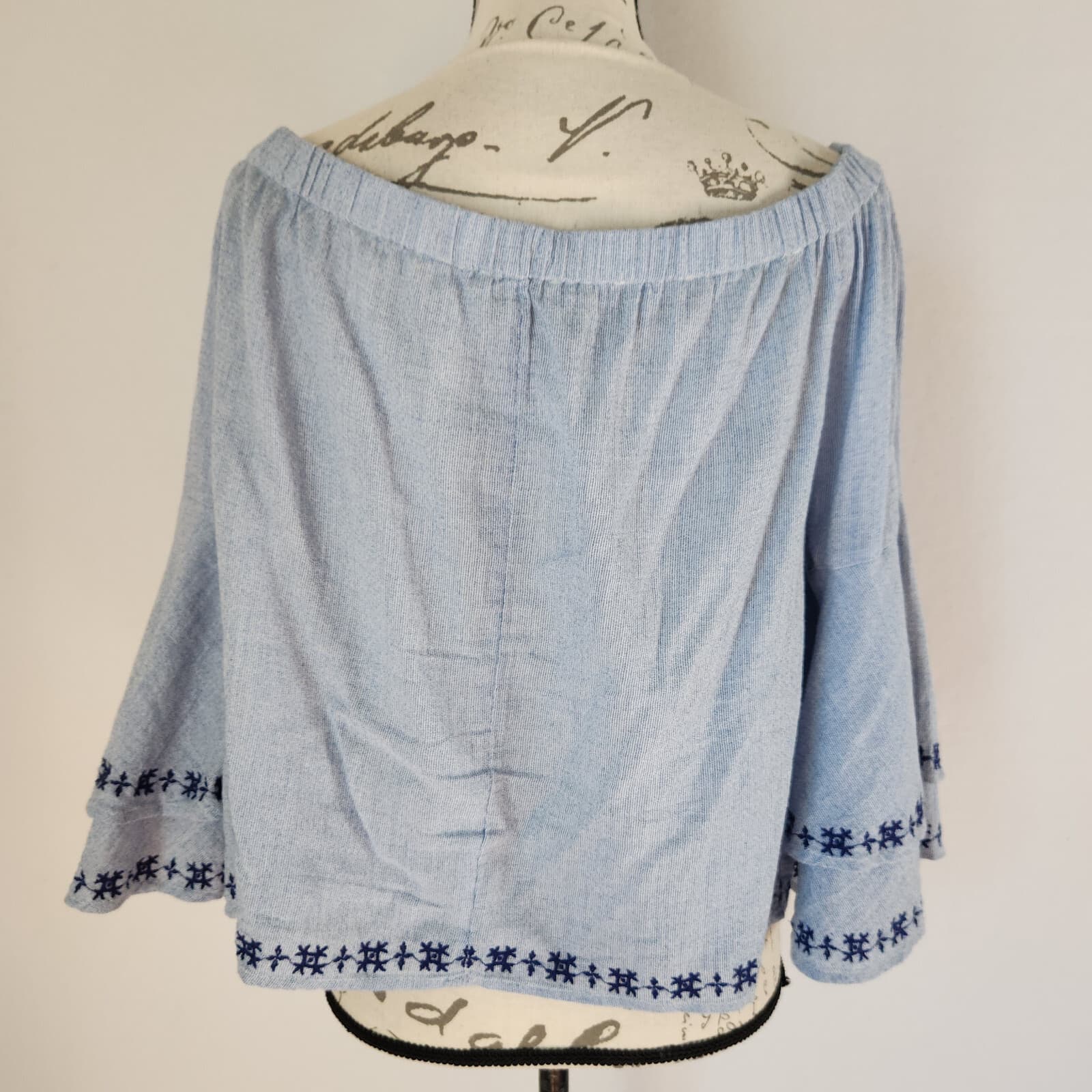 Lucky Brand Pinstriped Embroidered Off Shoulder Top Ruffle Cotton Blue Women's L - Thumbnail 7