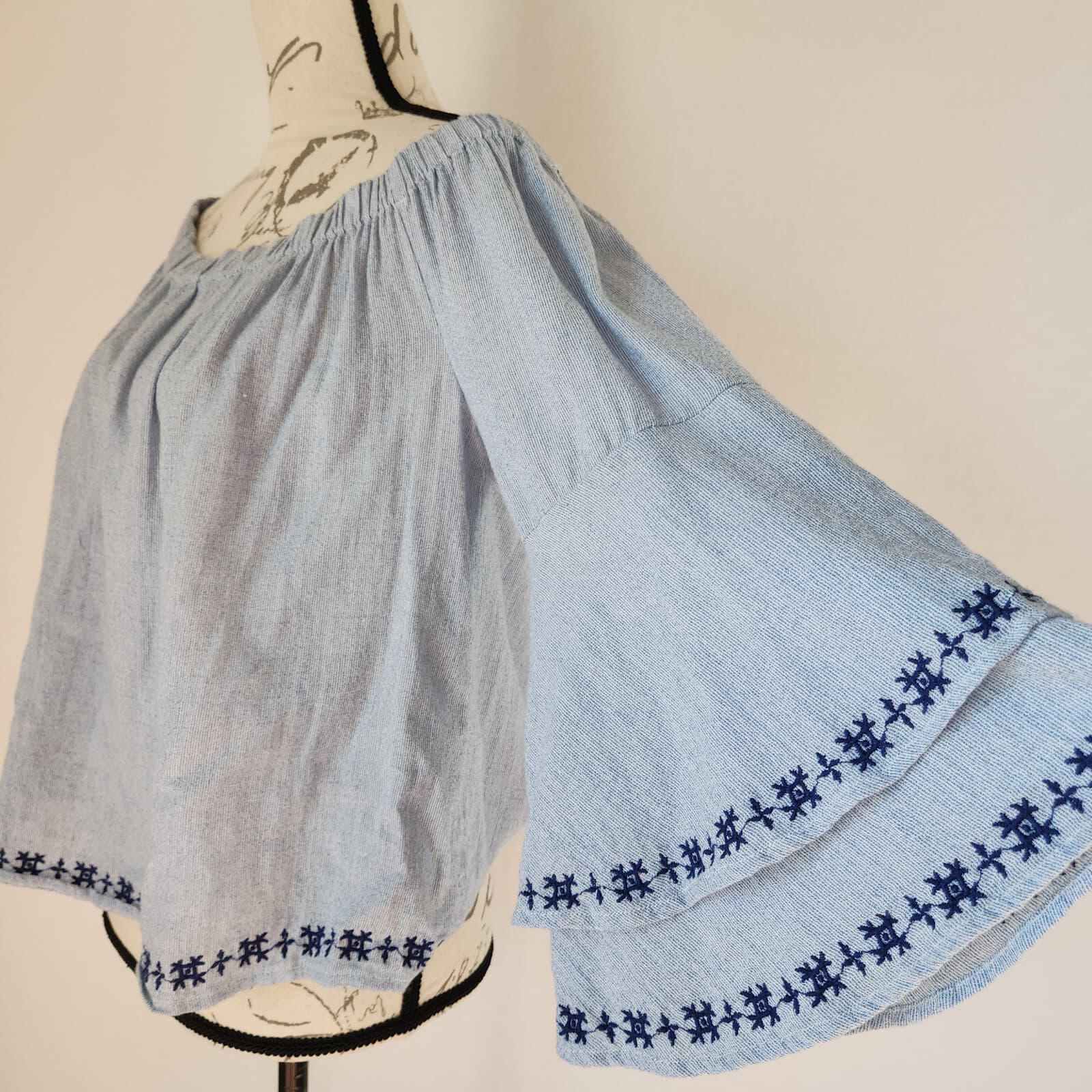 Lucky Brand Pinstriped Embroidered Off Shoulder Top Ruffle Cotton Blue Women's L - Thumbnail 6