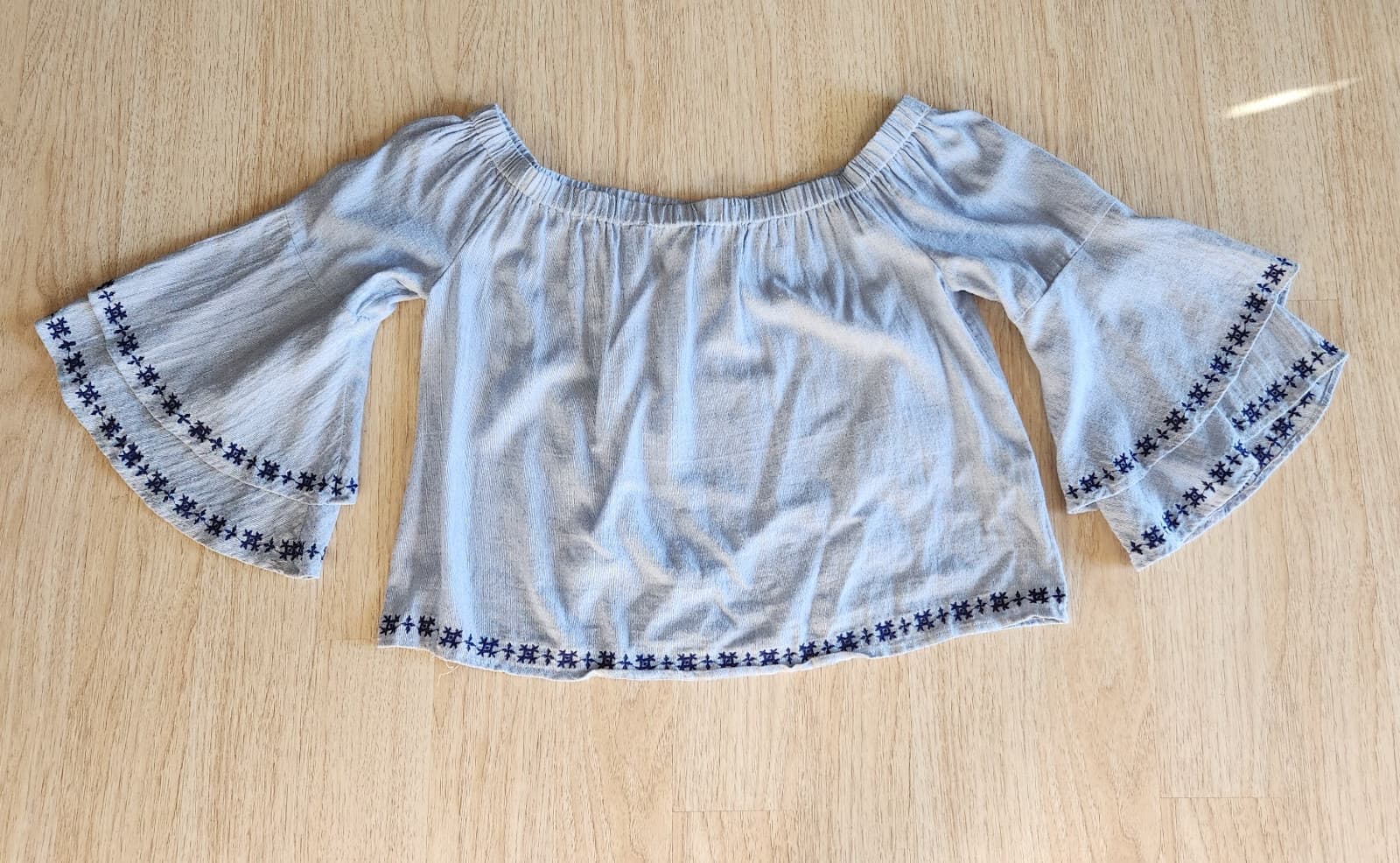 Lucky Brand Pinstriped Embroidered Off Shoulder Top Ruffle Cotton Blue Women's L - Thumbnail 8