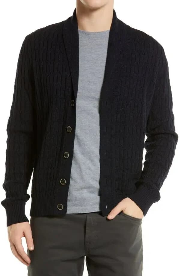 BRAX $248 James Wool Blend Shawl Collar Cardigan Cable Knit Blue Bust 44" (L) - Thumbnail 2
